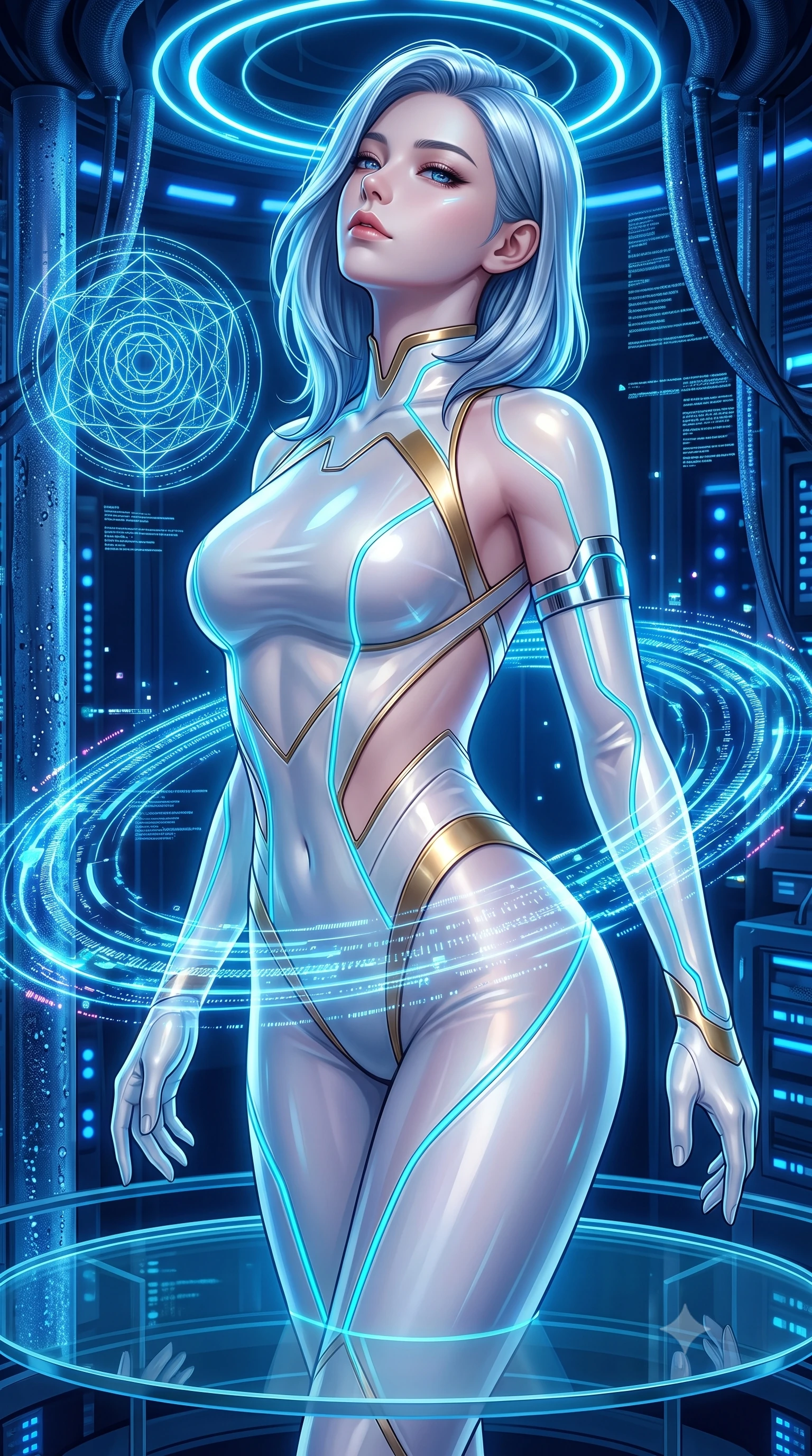 score_9, masterpiece, best quality, ultra-detailed, high-budget anime keyframe, semi-realistic 3D game render, editorial fashion photography, tasteful artistic composition, Korean woman. close-up cowboy shot from the waist and thighs up, the character dominates the composition, filling the frame with her large presence. tilting her head back with serene regal elegance, her sharp jawline and sculpted collarbones highlighted by glowing neon halo reflections while pivoting dynamically on a circular glass platform as pulsing quantum data streams create swirling holographic rings around her waist. The surrounding environment is rendered in vivid detail and crisp panoramic clarity. crisp holographic geometric mandala glyphs, cryo-pipe condensation beads, and deep blue LEDs in high clarity. She has an exceptionally elegant, slender, and willowy female figure with an ultra-slim waist, a gracefully sculpted slender torso, toned flat midriff, and a refined slim silhouette. sharp v-shaped jawline, high-bridge nose, intricate jewel-like eyes with depth, thick eyelashes, glossy lips with a natural sheen, flawlessly proportioned anatomical accuracy, strict slender model proportions, natural body alignment, perfectly sculpted long slender limbs, ultra-slim waistline, clean dynamic posture without body distortion. wearing a second-skin white-and-gold high-fashion tech-bodysuit with diagonal midriff cutouts and glowing cyan fiber seams in polished mirror chrome and glowing electric cyan neon, tailored from semi-translucent cybernetic vinyl with glowing micro-filaments, complemented by criss-cross back straps highlighting her completely bare spine, the glove-like aerodynamic second-skin fit tightly clinging to her ultra-slender waist and athletic curves without adding bulk, accentuating her razor-sharp statuesque lines and slim hourglass silhouette. bathed in glowing electric sapphire and cyan data stream illumination with rich ambient blue fill. rich saturated anime colors with glowing neon highlights, detailed shading with soft gradients, rich glossy textures, high-contrast stereoscopic depth, volumetric dynamic lighting, master piece, 9:16 ratio