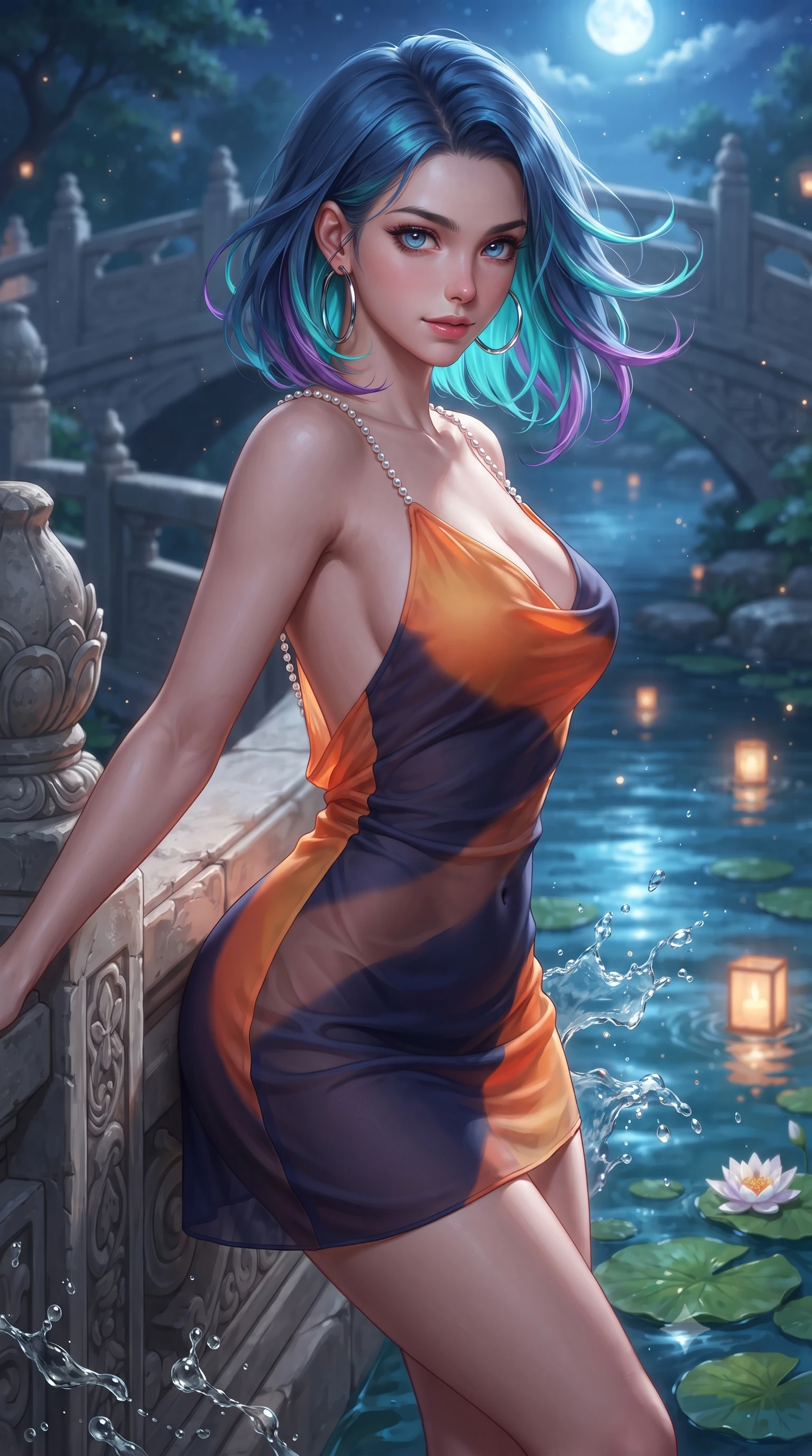 score_9, masterpiece, best quality, ultra-detailed, high-budget anime keyframe, editorial fashion photography, tasteful artistic composition, Caucasian woman. close-up cowboy shot from the waist and thighs up, the character dominates the composition, filling the frame with her large presence. turning slowly with an enchanting smoldering smile, her glossy hair tossing in the breeze as her hips angle gracefully in a captivating contrapposto while leaning against the carved stone bridge balustrade with hips cocked back, looking into the camera with an irresistible bedroom-gaze. The surrounding environment is rendered in vivid detail and crisp panoramic clarity: sharp granite stone bridge masonry, water droplet splashes, and water lily leaf clarity in deep focus. She has an exceptionally elegant, slender, and willowy female figure with an ultra-slim waist, flat toned midriff, narrow ribcage, and sculpted feminine hips creating an alluring, slim hourglass silhouette without bulk. sharp v-shaped jawline, high-bridge nose, sparkling eyes with hypnotic seductive depth, thick curled eyelashes, glossy parted lips with a natural dewy peach sheen, alluring bedroom-eyes with an enchanting coquettish smile, exuding magnetic siren charisma and sophisticated glamour, flawlessly proportioned anatomical accuracy, strict slender model proportions, natural body alignment, perfectly sculpted long slender limbs, ultra-slim waistline, clean dynamic posture without body distortion. wearing a low-cut draped cowl-back satin slip mini dress with dainty pearl spaghetti straps in sunset tangerine orange and deep navy indigo, made of sheer gossamer chiffon that drapes softly against skin with airy translucence, accented with oversized polished chrome hoop earrings catching the ambient neon glow, the liquid-tight tailored fabric clinging flawlessly to her narrow waist and rounded feminine hips, emphasizing every millimeter of her sculpted slim hourglass curves without any bulky heaviness. bathed in radiant celestial moonlight combined with floating candle lantern glows from the stream. ultra-reflective glossy finish, specular highlights, rich textural contrasts, high-contrast stereoscopic depth, volumetric dynamic lighting, 2k, ultra detail, master piece, 9:16 ratio