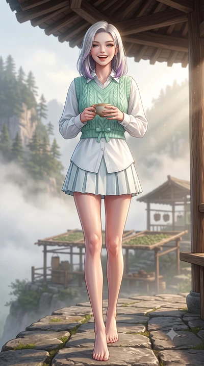 score_9, masterpiece, best quality, ultra-detailed, high-budget anime keyframe, semi-realistic 3D game render, editorial fashion photography, tasteful artistic composition, Caucasian woman. low angle full-body shot from head to toe showing her feet, 