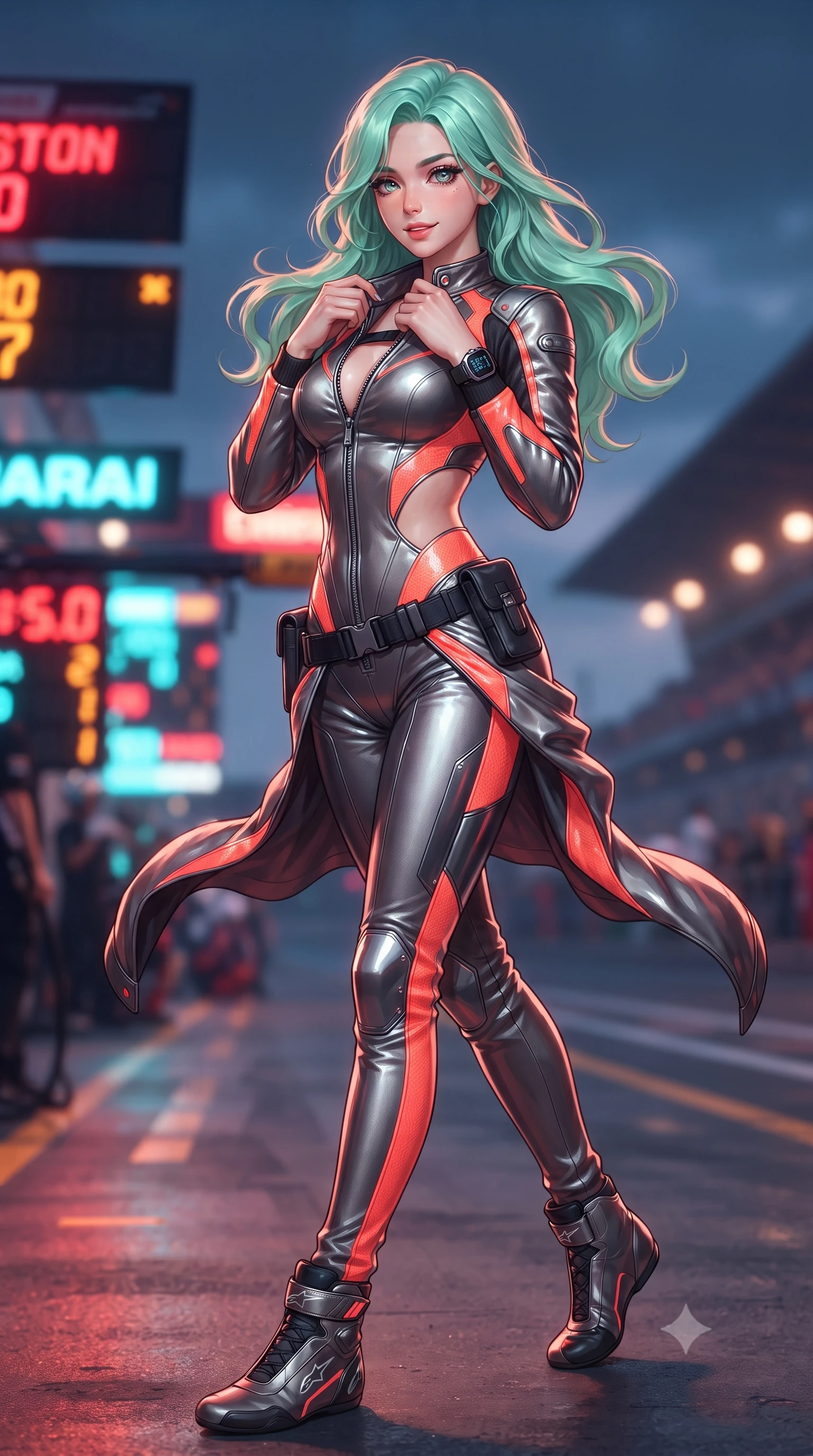 score_9, masterpiece, best quality, ultra-detailed, high-budget anime keyframe, editorial fashion photography, tasteful artistic composition, Japanese woman. low angle full-body shot from head to toe showing her feet, filling the entire 9:16 vertical frame with her statuesque presence, stretching her vertical silhouette. executing an elegant mid-motion turn as garments swirl around her slender limbs, glancing over her shoulder with smoldering allure while unzipping her leather racing suit with a slow, teasing smile, eyes locked with daring magnetism on the viewer. The composition keeps background elements in soft focus with creamy bokeh. flashing neon pitlane status boards and distant crowd stadium lights blurred into blazing crimson, electric cyan, and amber bokeh. She has an absolutely perfect, statuesque 8.5-heads proportion, an exceptionally tall and slender model-like female figure with impossibly long slender legs, a toned flat midriff, and an ultra-slim waist. sharp v-shaped jawline, high-bridge nose, intricate jewel-like eyes with depth, thick eyelashes, glossy parted lips with a natural sheen, intensely captivating and seductive expression, flawlessly proportioned anatomical accuracy, strict slender model proportions, natural body alignment, perfectly sculpted long slender limbs, ultra-slim waistline, clean dynamic posture without body distortion. wearing a daring open-back racing jumpsuit with crossed elastic suspension straps and form-hugging fit in metallic gunmetal and blazing neon coral, tailored from abrasion-resistant Kevlar weave with glossy protective panels, equipped with a low-slung utility holster and racing telemetry smartwatch, the precision-cut daring openings accentuating her delicate midriff, graceful bare collarbones, and ultra-slim feminine waistline. surrounded by a fierce, electrifying, and irresistibly intoxicating motorsport queen aura. ultra-reflective glossy finish, specular highlights, rich textural contrasts, high-contrast stereoscopic depth, volumetric dynamic lighting, 2k, ultra detail, master piece, 9:16 ratio