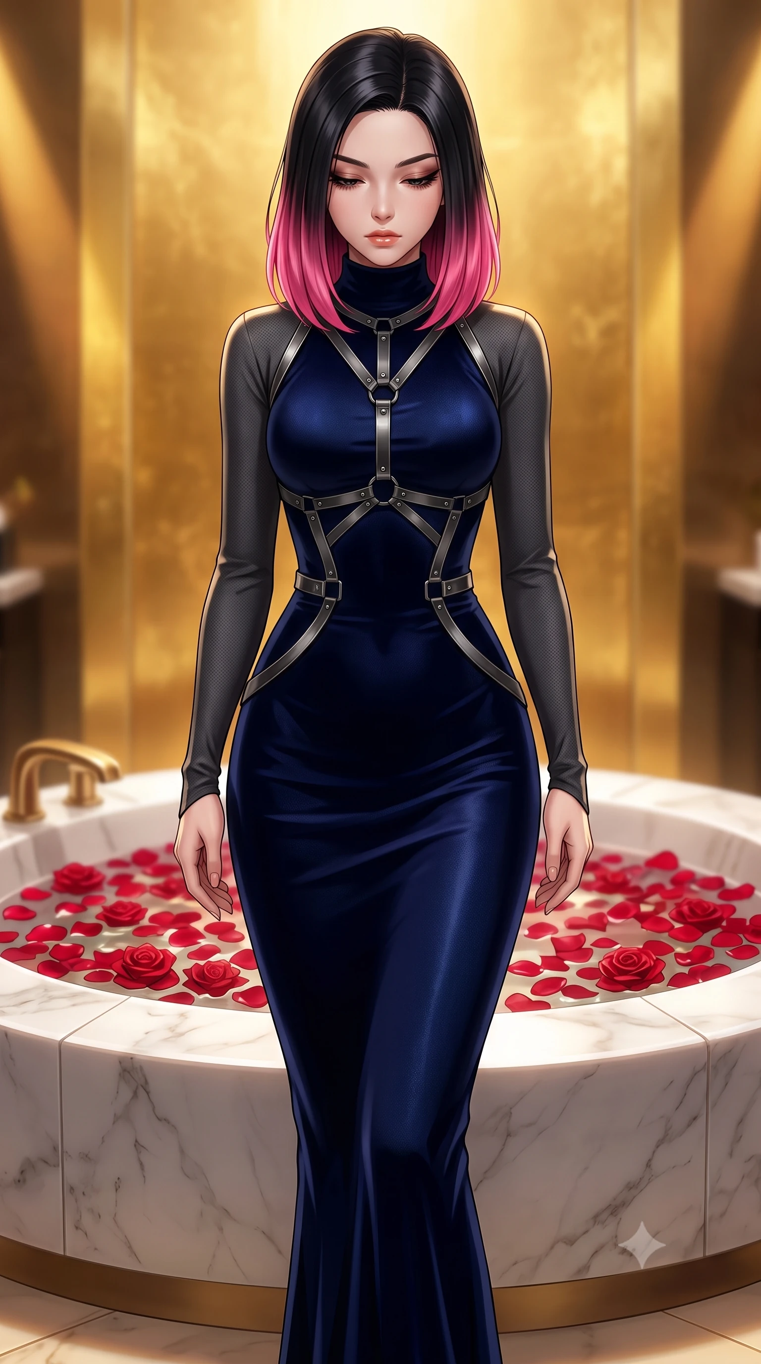 score_9, masterpiece, best quality, ultra-detailed, high-budget anime keyframe, editorial fashion photography, tasteful artistic composition, Korean woman. close-up cowboy shot from the waist and thighs up, the character dominates the composition, filling the frame with her large presence, background elements kept in soft focus. Looking down with lowered lashes and a composed, powerful dark aura, standing beside a sunken white marble spa basin filled with floating red rose petals, fluid movement of her body contoured by a form-fitting liquid silk gown. She has an exceptionally elegant, slender, and willowy female figure with an ultra-slim waist, a gracefully sculpted slender torso, and a refined silhouette. sharp v-shaped jawline, high-bridge nose, intricate jewel-like eyes with depth, thick eyelashes, glossy lips with a natural sheen. wearing floor-length high-neck midnight navy velvet gown with long sleeves in dark charcoal gray, made of matte carbon-fiber weave, highlighted by a gunmetal metallic harness structure, highlighting her statuesque proportions and ultra-slim waistline. illuminated by warm golden spotlights reflecting off gold leaf walls. highly saturated vibrant anime colors, detailed shading with soft gradients, rich glossy textures, high-contrast stereoscopic depth, volumetric dynamic lighting, master piece, 9:16 ratio