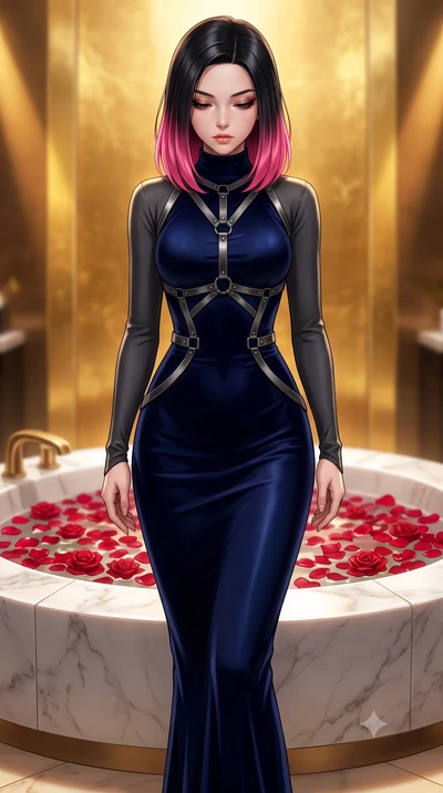 score_9, masterpiece, best quality, ultra-detailed, high-budget anime keyframe, editorial fashion photography, tasteful artistic composition, Korean woman. close-up cowboy shot from the waist and thighs up, the character dominates the composition, fi