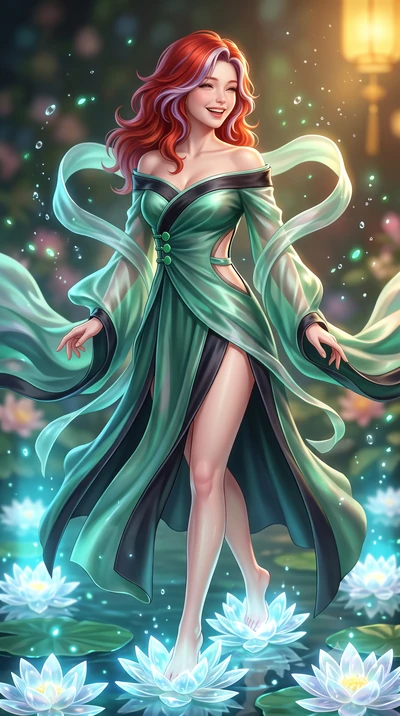 score_9, masterpiece, best quality, ultra-detailed, high-budget anime keyframe, semi-realistic 3D game render, editorial fashion photography, tasteful artistic composition, Caucasian woman. close-up cowboy shot from the waist and thighs up, the chara
