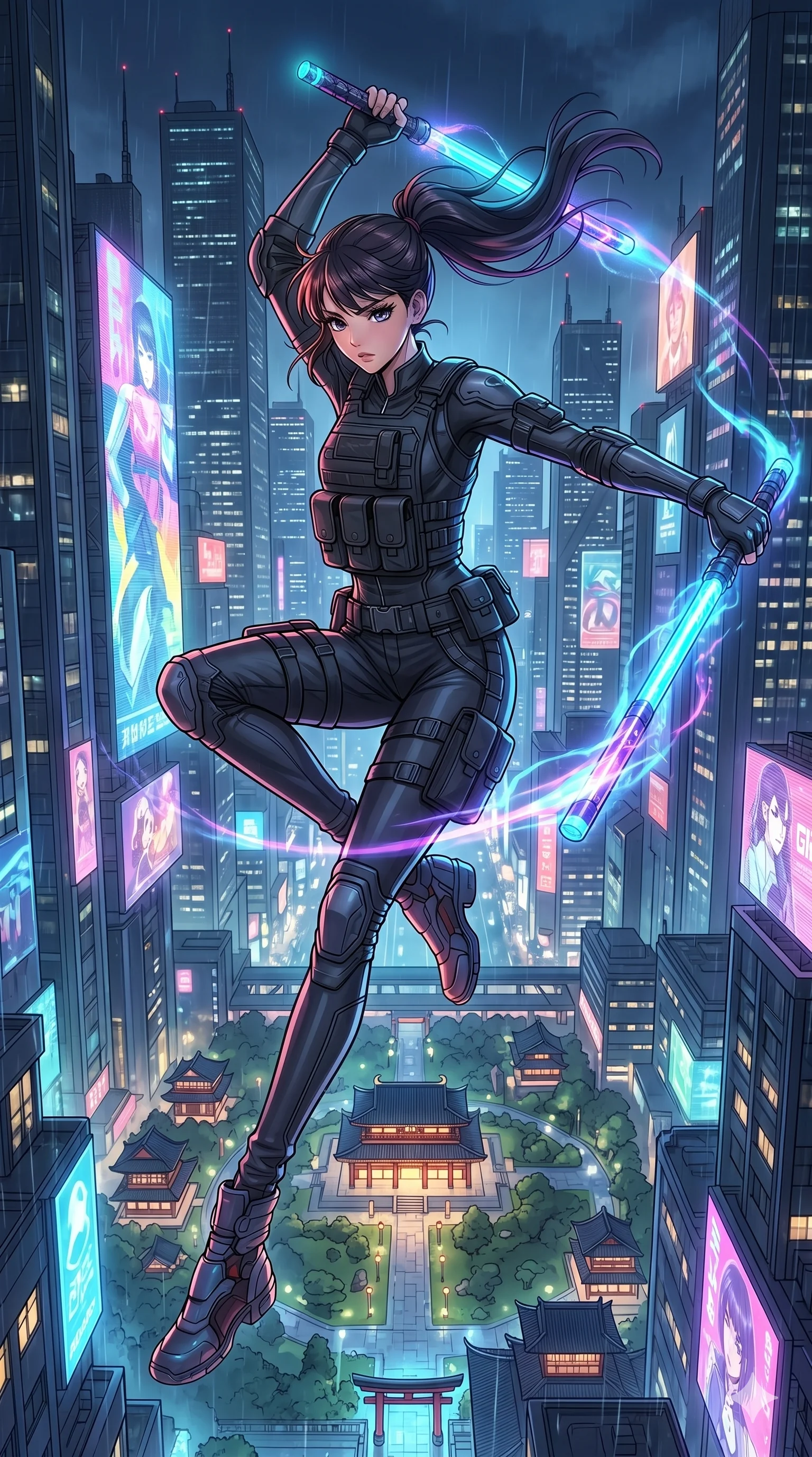 high-budget anime movie keyframe, cinematic anime lighting, intricate line art, Japanese woman. Mid-air action shot capturing a graceful twist and vertical silhouette. standing heroically with glowing energy batons. sharp v-shaped jawline, high-bridge nose, intricate jewel-like eyes, thick eyelashes, serene expression. Wearing Dynamic performance outfit: Layered tactical vest, modern tactical suit with trousers, and sleek boots. The scene is illuminated by dramatic atmospheric lighting and vibrant color palettes., 2k, ultra detail, master piece, 9:16 ratio