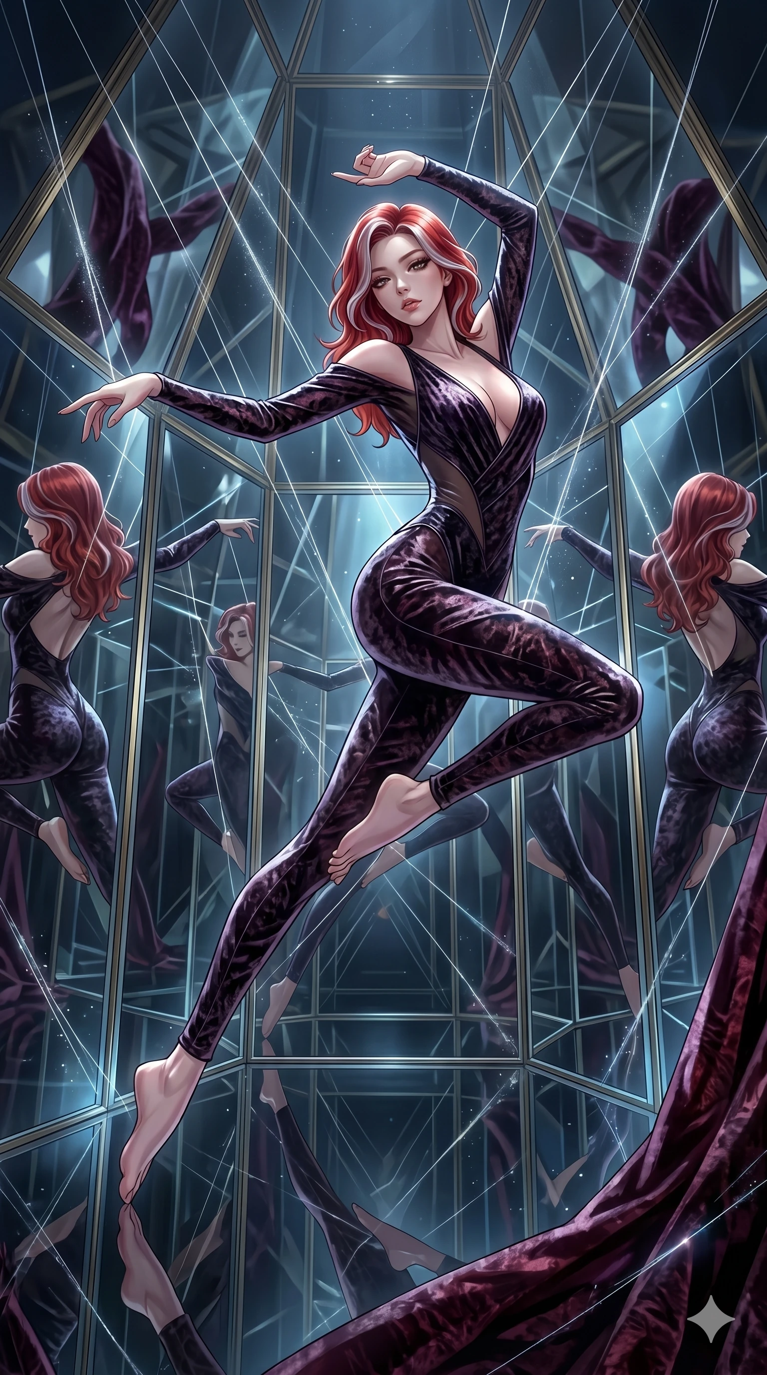 score_9, masterpiece, best quality, ultra-detailed, High-budget Anime Keyframe, East Asian woman. Dynamic full-body shot stretching the vertical silhouette to the limit. Scenario 76: Suspended by invisible silk threads in a hall of mirrors. Her presence is magnetic and overpowering in this high-budget anime scene. Outfit 76: A crushed dark velvet mesh with a low-cut shoulder and tight-fitting silhouette. The clothing is designed to emphasize her exceptionally tall and slender 8-heads proportion. 8-heads proportion, towering silhouette, ultra-slim waist. sharp v-shaped jawline, intricate jewel-like eyes with depth, thick eyelashes, glossy lips. 2k, ultra detail, master piece, 9:16 ratio