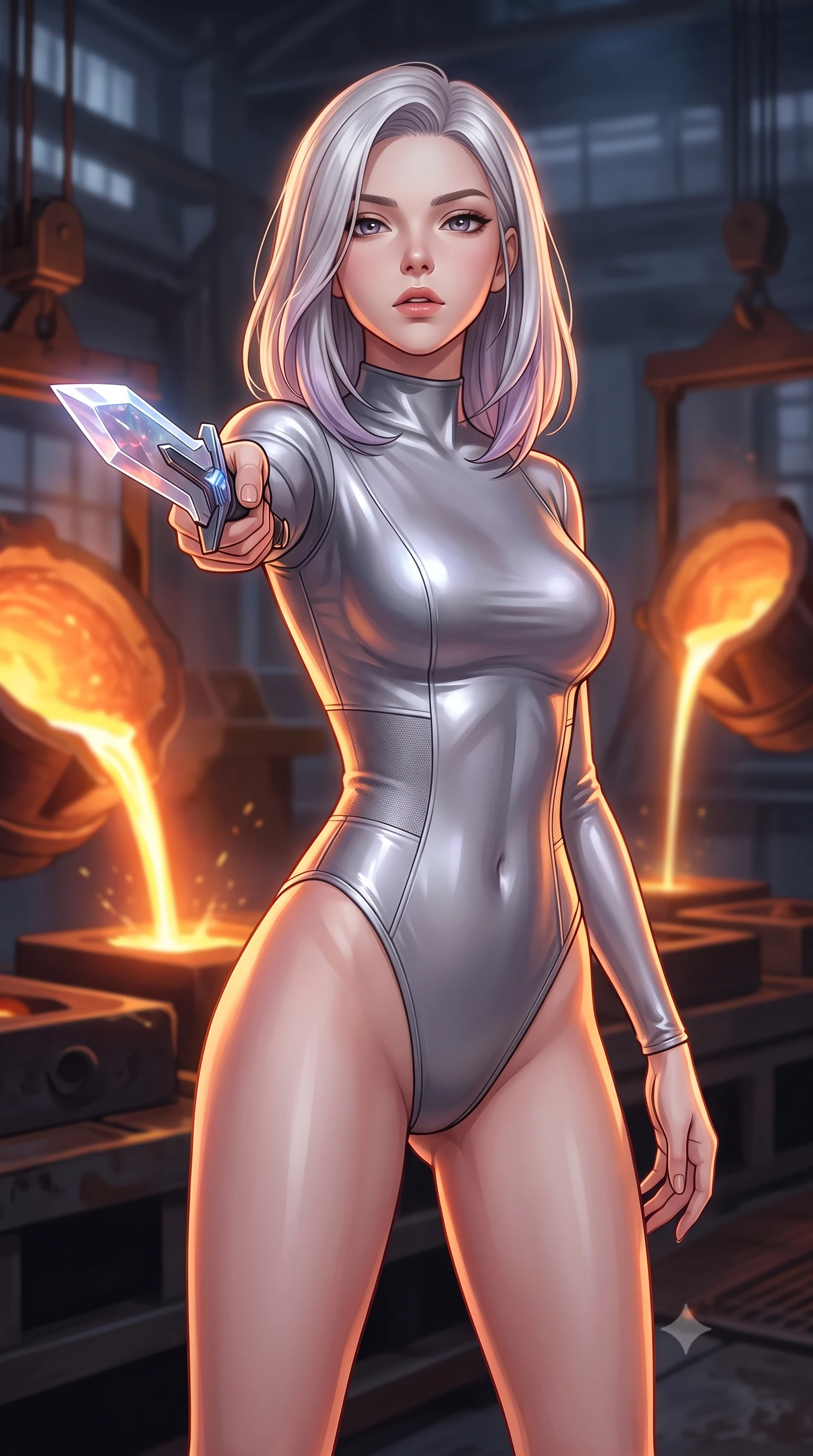 score_9, masterpiece, best quality, ultra-detailed, high-budget anime keyframe, editorial fashion photography, tasteful artistic composition, Caucasian woman. close-up cowboy shot from the waist and thighs up, the character dominates the composition, filling the frame with her large presence, background elements kept in soft focus. pointing a crystal-edged laser dagger forward in a defensive stance, tilting her chin up slightly with lips parted in a composed pose, the background shows a soft-focus an industrial smelting yard with molten metal pouring into carbon molds in soft focus. She has an exceptionally elegant, slender, and willowy female figure with an ultra-slim waist, a gracefully sculpted slender torso, and a refined silhouette. sharp v-shaped jawline, high-bridge nose, intricate jewel-like eyes with depth, thick eyelashes, glossy lips with a natural sheen. wearing a body-hugging body-hugging titanium-sheen mock-neck bodysuit, featuring elastic compression panels at the waist. hot glowing metal pouring, casting dramatic orange uplight and long shadows. highly saturated vibrant anime colors, detailed shading with soft gradients, rich glossy textures, high-contrast stereoscopic depth, volumetric dynamic lighting, master piece, 9:16 ratio
