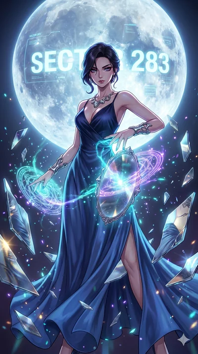 score_9, masterpiece, best quality, ultra-detailed, Set A: High-budget Anime Keyframe, Korean woman. Low angle cowboy shot filling the entire 9:16 frame with her statuesque presence. Casting a spell through a dimension of floating mirrors, with a mas