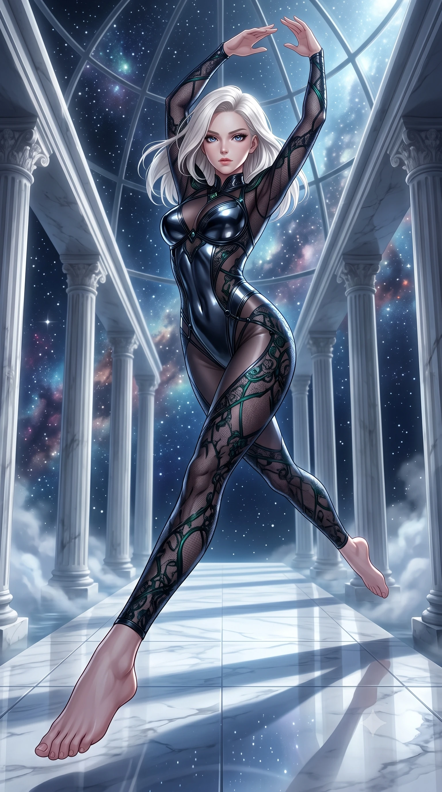 score_9, masterpiece, best quality, ultra-detailed, high-budget anime keyframe, editorial fashion photography, tasteful artistic composition, Caucasian woman. low angle full-body shot from head to toe showing her feet, filling the entire 9:16 vertical frame with her statuesque presence, stretching her vertical silhouette. leaping dynamically through the starry space, her posture full of power and elegance, poised on an alabaster walkway flooded with cold silver moonbeams, alabaster columns framed by gentle water vapor in soft background focus. She has an absolutely perfect, statuesque 8.5-heads proportion, an exceptionally tall and slender model-like female figure with impossibly long slender legs and an ultra-slim waist. sharp v-shaped jawline, high-bridge nose, intricate jewel-like eyes with depth, thick eyelashes, glossy lips with a natural sheen. wearing sheer midnight lace overlay bodysuit with delicate sheer cutouts in deep emerald green, made of sculpted obsidian metallic chrome, adorned with minimalist black onyx hardware framing the silhouette, sculpting her athletic slender build with refined precision. illuminated by brilliant cold silver moonlight filtering through glass dome panes. highly saturated vibrant anime colors, detailed shading with soft gradients, rich glossy textures, high-contrast stereoscopic depth, volumetric dynamic lighting, master piece, 9:16 ratio