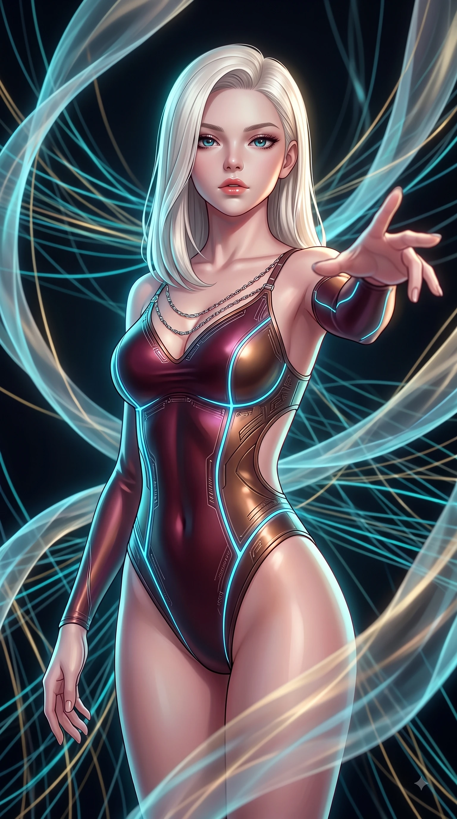 score_9, masterpiece, best quality, ultra-detailed, high-budget anime keyframe, editorial fashion photography, tasteful artistic composition, Caucasian woman. close-up cowboy shot from the waist and thighs up, the character dominates the composition, filling the frame with her large presence, background elements kept in soft focus. Reaching one arm gracefully toward the camera with magnetic poise, displaying her statuesque silhouette while standing in a dark void woven with thousands of cyan and gold light threads in a seductive pose, translucent silk ribbons swirling around her body like light streams. She has an exceptionally elegant, slender, and willowy female figure with an ultra-slim waist, a gracefully sculpted slender torso, and a refined silhouette. sharp v-shaped jawline, high-bridge nose, intricate jewel-like eyes with depth, thick eyelashes, glossy lips with a natural sheen, flawlessly proportioned anatomical accuracy, natural body alignment, perfectly sculpted elegant limbs, clean dynamic posture without body distortion. wearing a skin-tight cybernetic bodysuit with glowing neon seams and side cutouts in deep burgundy and bronze, crafted from smooth liquid silk, adorned with delicate metallic chain straps along the neckline, the form-contouring material highlighting her ultra-slim waist and long lines. illuminated by the brilliant glow of cyan and gold luminescent plasma threads. highly saturated vibrant anime colors, detailed shading with soft gradients, rich glossy textures, high-contrast stereoscopic depth, volumetric dynamic lighting, master piece, 9:16 ratio