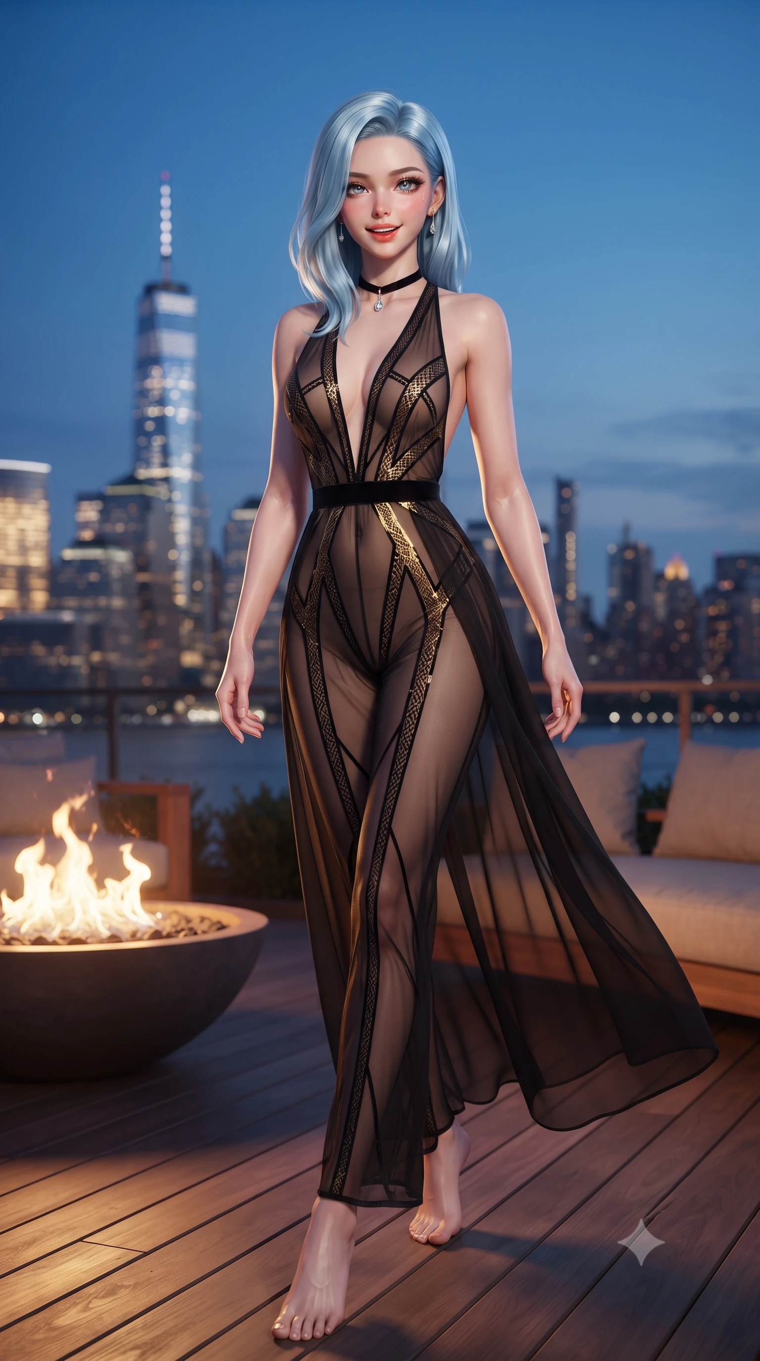 score_9, masterpiece, best quality, ultra-detailed, high-budget anime keyframe, editorial fashion photography, tasteful artistic composition, Korean woman. low angle full-body shot from head to toe showing her feet, filling the entire 9:16 vertical frame with her statuesque presence, stretching her vertical silhouette. stepping slowly toward the camera with hypnotic grace, hips swaying in an alluring sensual rhythm that accentuates her curvy hourglass silhouette and long slender legs while standing poised on the private cedar rooftop terrace, arching her lower back with sovereign supermodel poise as One World Trade Center blazes across the East River. The background shows a soft-focus dancing flames of the terrace fire pit softened in premier waterfront penthouse shallow focus. She has an exceptionally tall and slender model-like 8.5-heads proportion, an ultra-slim waist, a flat toned midriff, narrow delicate ribcage, and beautifully sculpted feminine hips creating a graceful, slim hourglass silhouette without any bulky heaviness, with impossibly long slender legs. sharp v-shaped jawline, high-bridge nose, intricate jewel-like sparkling eyes with depth, thick eyelashes, glossy parted lips with a natural peach sheen, bright cheerful beaming smile with an enchanting and coquettish sensual glint, exuding both youthful cute charm and seductive allure, flawlessly proportioned anatomical accuracy, strict slender model proportions, natural body alignment, perfectly sculpted long slender limbs, ultra-slim waistline, clean dynamic posture without body distortion. wearing a backless sheer illusion mesh jumpsuit with strategic geometric flocking tracing her long slender leg lines in Cheongdam modern noir black and molten gold, made of sheer gossamer chiffon that drapes softly against skin with airy translucence, finished with a thin velvet ribbon choker and a single teardrop diamond pendant, the second-skin tailored fabric adhering flawlessly to her sculpted flat midriff and slender torso, emphasizing her long leg lines and perfectly proportioned willowy build. bathed in the warm dancing 2400K hearth light of the outdoor fire bowl contrasted with electric cityscape ambient. ultra-reflective glossy finish, specular highlights, rich textural contrasts, high-contrast stereoscopic depth, volumetric dynamic lighting, 2k, ultra detail, master piece, 9:16 ratio