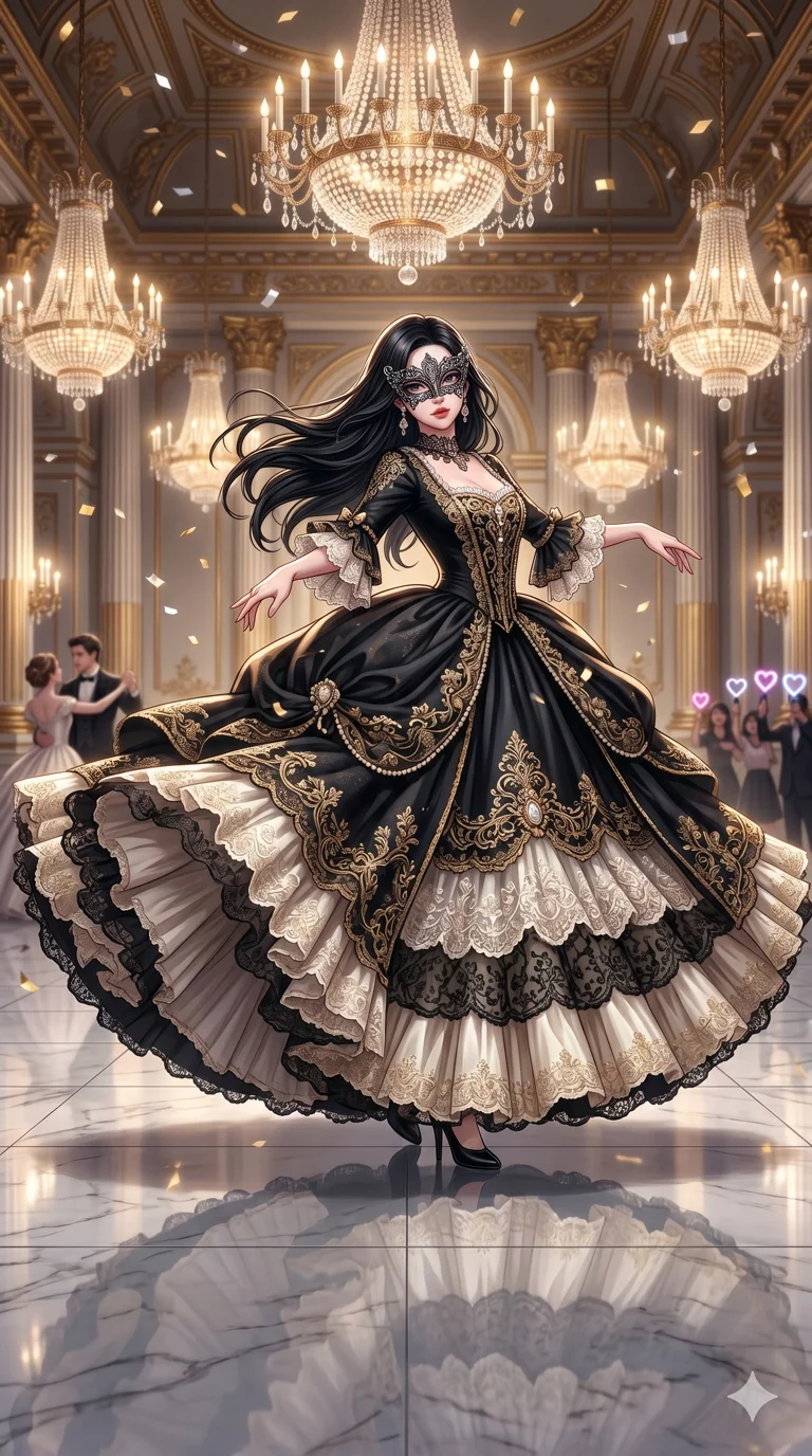 score_9, score_8_up, score_7_up, source_anime, masterpiece, best quality, ultra-detailed, same character with long flowing black hair, wearing an extravagant rococo-style masquerade ball dress with lace details, full body shot dancing a waltz mid-spin with dress flaring out, grand royal ballroom, massive chandeliers, reflective marble floor, 2k, 9:16 ratio