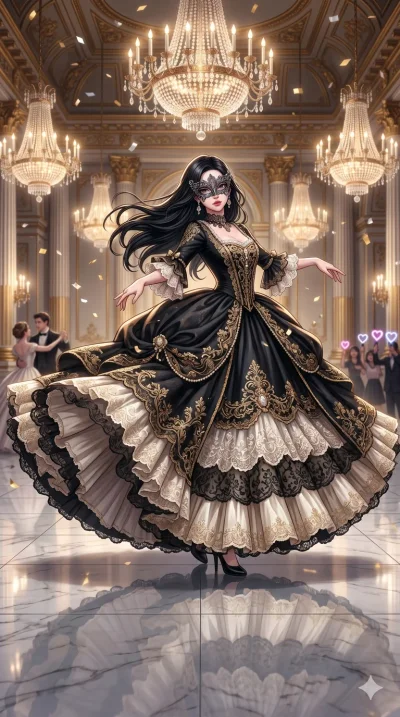 score_9, score_8_up, score_7_up, source_anime, masterpiece, best quality, ultra-detailed, same character with long flowing black hair, wearing an extravagant rococo-style masquerade ball dress with lace details, full body shot dancing a waltz mid-spi