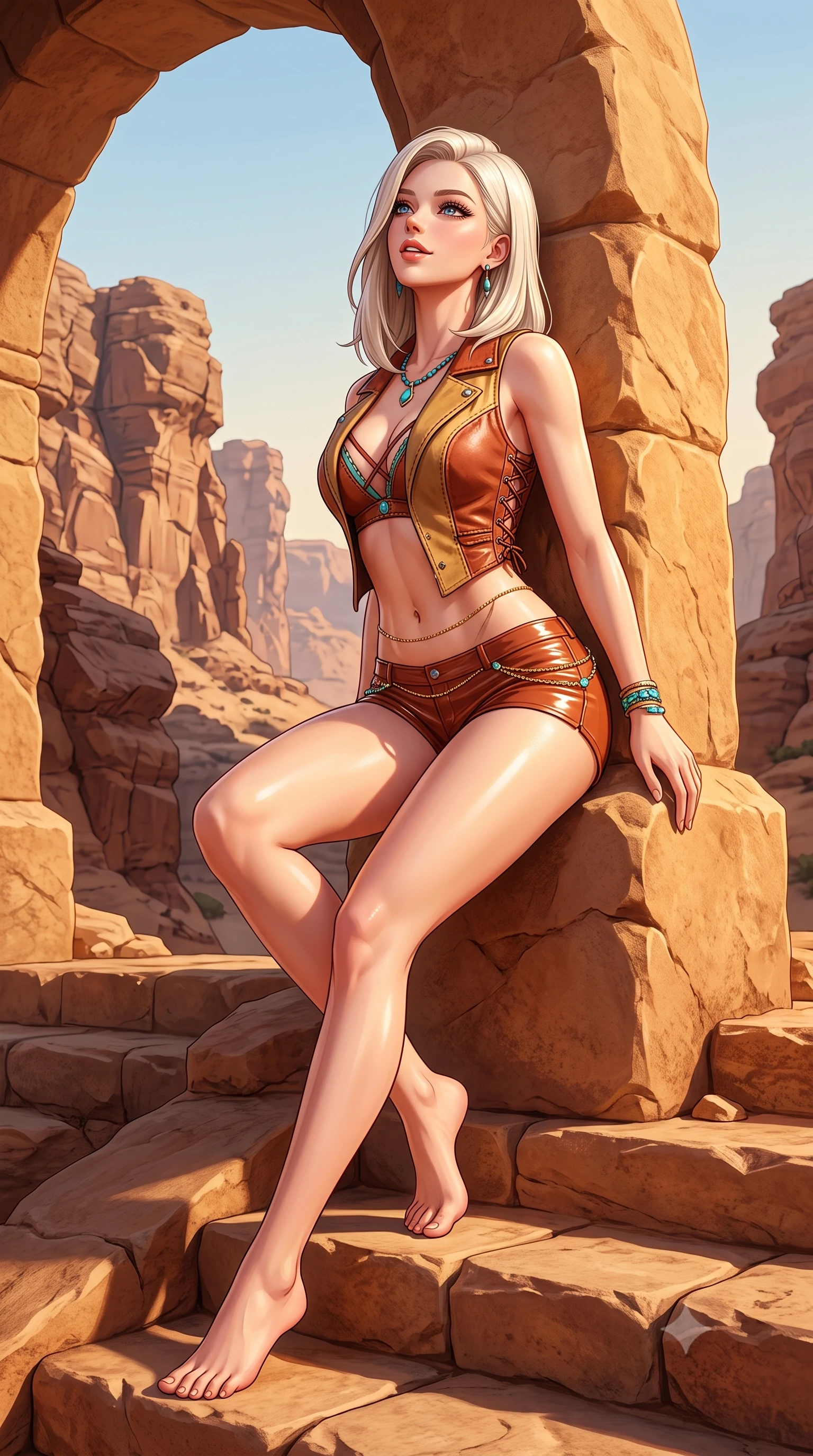 score_9, masterpiece, best quality, ultra-detailed, high-budget anime keyframe, semi-realistic 3D game render, editorial fashion photography, tasteful artistic composition, Caucasian woman. low angle full-body shot from head to toe showing her feet, filling the entire 9:16 vertical frame with her statuesque presence, stretching her vertical silhouette. sitting poised on the stone steps with one knee bent, arching her spine with supermodel elegance as she glances upward through thick eyelashes while leaning against the warm sandstone arch pillar with hips cocked back, looking into the canyon with an alluring, parted-lip smile. The surrounding environment is rendered in vivid detail and crisp panoramic clarity: detailed lace-up leather bustier tailoring, turquoise jewelry glints, and geological formations in razor-sharp precision. She has an absolutely perfect, statuesque 8.5-heads proportion, an exceptionally tall and slender model-like female figure with impossibly long slender legs, an ultra-slim waist, a flat toned midriff, narrow delicate ribcage, and beautifully sculpted feminine hips creating a graceful, slim hourglass silhouette without any bulky heaviness. sharp v-shaped jawline, high-bridge nose, sparkling eyes with hypnotic seductive depth, thick curled eyelashes, glossy parted lips with a natural dewy peach sheen, alluring bedroom-eyes with an enchanting coquettish smile, exuding magnetic siren charisma and sophisticated glamour, flawlessly proportioned anatomical accuracy, strict slender model proportions, natural body alignment, perfectly sculpted long slender limbs, ultra-slim waistline, clean dynamic posture without body distortion. wearing a form-contouring distressed leather vest worn open over a strappy micro-bralette and low-rise leather hot-pants in terracotta rust and desert sand gold with turquoise accents, crafted from wet-look high-gloss vinyl fabric with dazzling specular surface reflections, accented with a dainty gold belly chain resting across her flat midriff and curving hips, the glove-like clinging cut tightly following the natural contour of her hips and long slender legs with youthful 8.5-heads elegance. illuminated by sandstone reflection fill and sharp warm-amber rim lights sculpting her jawline, narrow waist, and voluptuous hip curves. highly saturated vibrant anime colors, detailed shading with soft gradients, rich glossy textures, high-contrast stereoscopic depth, volumetric dynamic lighting, master piece, 9:16 ratio