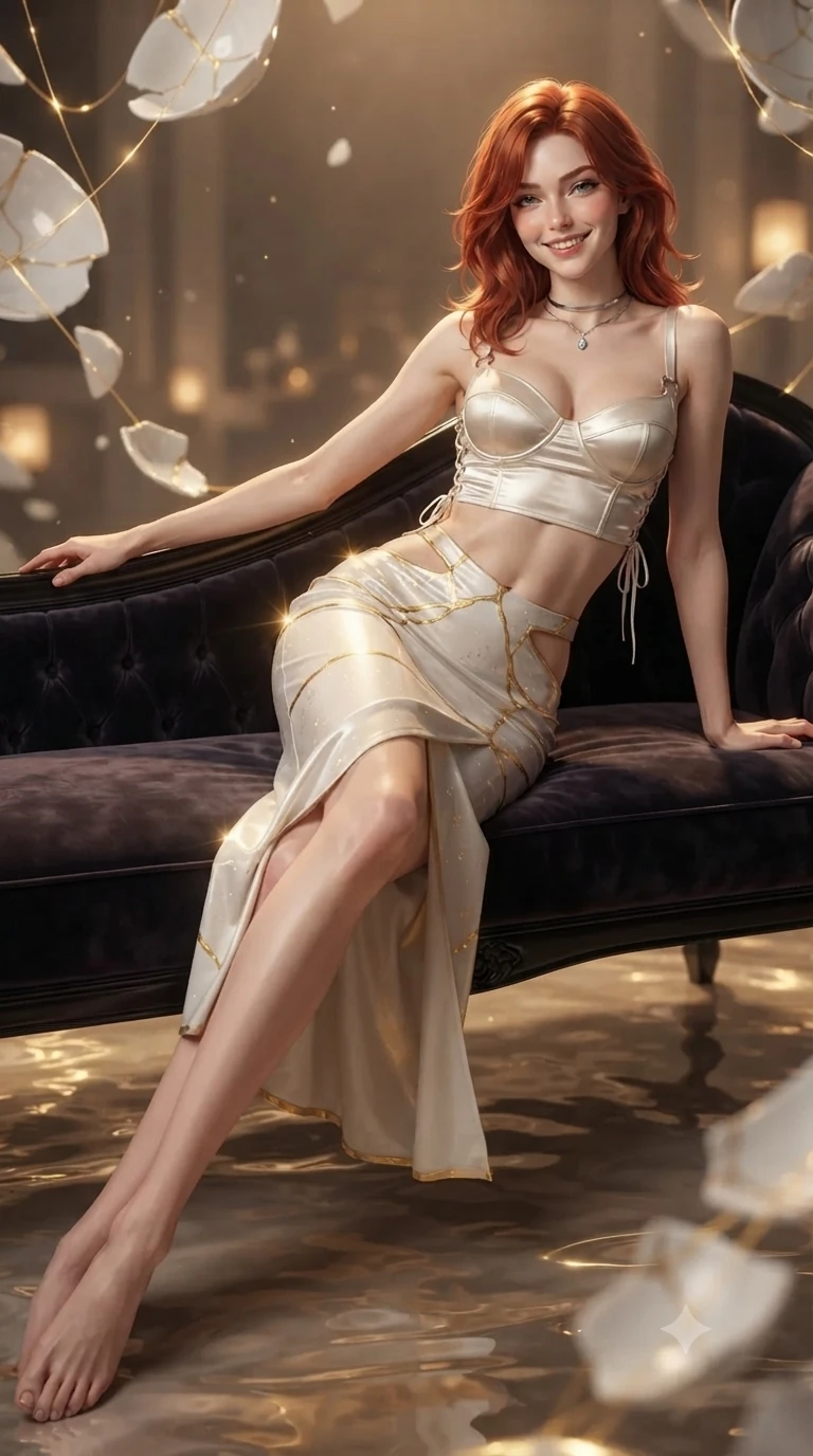 score_9, masterpiece, best quality, ultra-detailed, high-budget anime keyframe, editorial fashion photography, tasteful artistic composition, Korean woman. low angle full-body shot from head to toe showing her feet, filling the entire 9:16 vertical frame with her statuesque presence, stretching her vertical silhouette. reclining gracefully across the plush chaise lounge with one leg extended, her sculpted silhouette and flat midriff radiating magnetic nocturnal glamour while twisting her slender torso in an alluring contrapposto stance, shimmering golden kintsugi ribbons casting radiant reflections across her narrow waist and curvy hips. The background shows a soft-focus floating white porcelain fragments bound by golden light threads, shimmering liquid gold ripples, and distant temple incense blurred into gold, ivory, and amber bokeh. She has an exceptionally tall and slender model-like 8.5-heads proportion, an ultra-slim waist, a flat toned midriff, narrow delicate ribcage, and beautifully sculpted feminine hips creating a graceful, slim hourglass silhouette without any bulky heaviness, with impossibly long slender legs. sharp v-shaped jawline, high-bridge nose, intricate jewel-like sparkling eyes with depth, thick eyelashes, glossy parted lips with a natural peach sheen, bright cheerful beaming smile with an enchanting and coquettish sensual glint, exuding both youthful cute charm and seductive allure, flawlessly proportioned anatomical accuracy, strict slender model proportions, natural body alignment, perfectly sculpted long slender limbs, ultra-slim waistline, clean dynamic posture without body distortion. wearing a sculpted satin underwire crop corset with lace-up side ties paired with a low-rise micro skirt in Kintsugi celestial white porcelain and liquid gold, adorned with delicate chrome ring hardware and cutouts along her slender waist, finished with a minimalist chrome choker and a single teardrop diamond pendant, the impeccably tailored cut draping gracefully along her slender figure with aristocratic poise. bathed in the majestic warm 2600K inner radiance of golden kintsugi veins mixed with soft ambient temple lantern light. ultra-reflective glossy finish, specular highlights, rich textural contrasts, high-contrast stereoscopic depth, volumetric dynamic lighting, 2k, ultra detail, master piece, 9:16 ratio