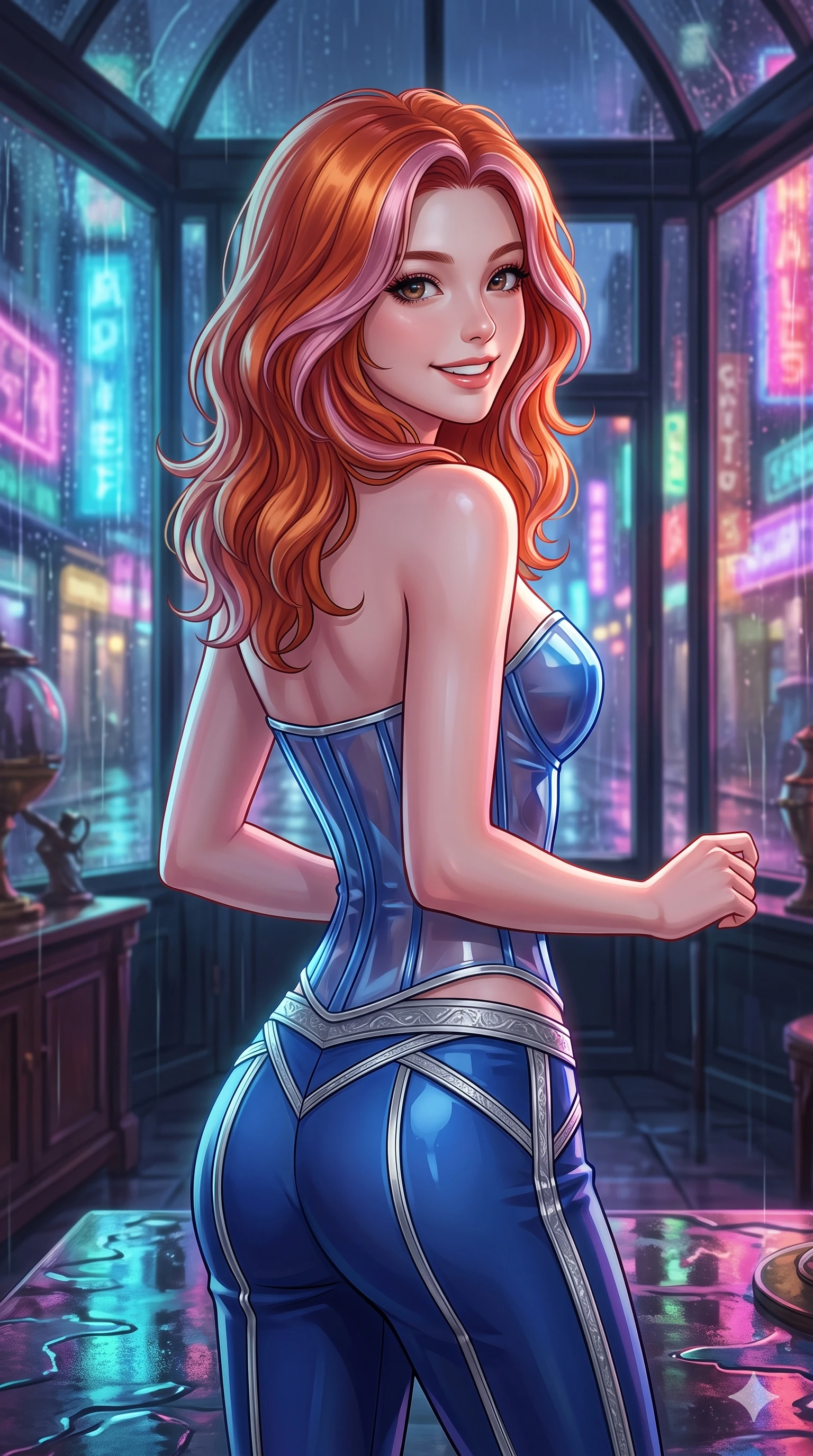score_9, masterpiece, best quality, ultra-detailed, high-budget anime keyframe, vibrant anime aesthetic, Caucasian woman, strictly human ears. close-up cowboy shot from the waist and thighs up, the character dominates the composition, filling the frame with her large presence, background elements kept in soft focus. She is looking over her shoulder, smiling cheerfully at the viewer, with a bright, joyful gaze with a lively, expressive stance. the background shows a soft-focus antique shop showroom with large display windows showing rain-streaked neon lights of the city (Code-P22-143). She has an absolutely perfect proportion, an exceptionally elegant and slender female figure with an ultra-slim waist. V-shaped jawline, high-bridge nose, intricate jewel-like eyes with depth, thick eyelashes, glossy lips with a natural sheen. wearing a translucent gloss-finish structured bodice with a sweetheart neckline and sleek pants in sapphire blue and silver trim. She is lit by bright neon light reflections in water puddles, creating a glowing twilight aura, casting soft shadows that enhance her features inside the retro conservatory cafe. 2k, ultra detail, master piece, 9:16 ratio