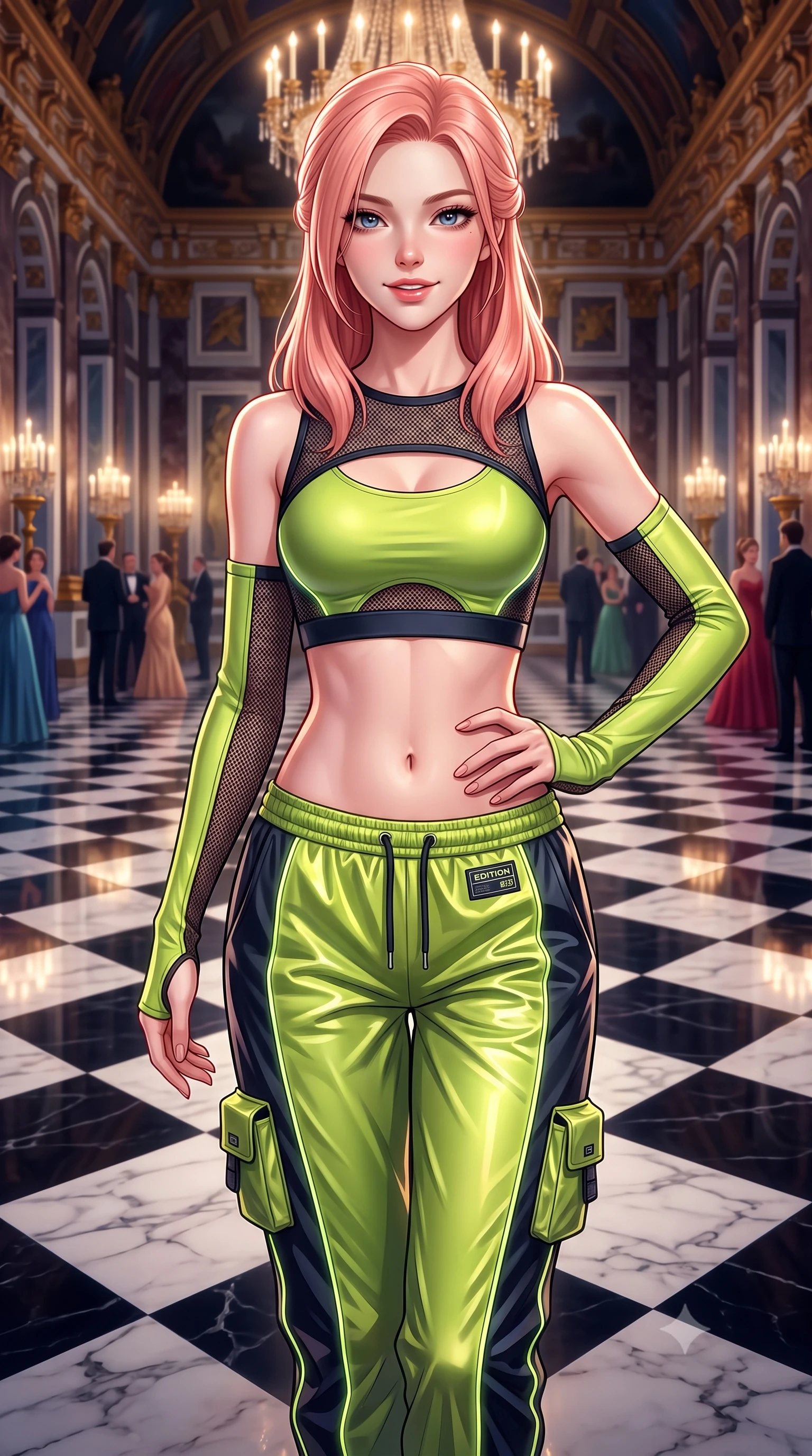 score_9, masterpiece, best quality, ultra-detailed, high-budget anime keyframe, semi-realistic 3D game render, editorial fashion photography, tasteful artistic composition, Japanese woman. close-up cowboy shot from the waist and thighs up, the character dominates the composition, filling the frame with her large presence. smiling with subtle, enchanting allure and glossy parted lips, one hand resting on her waist with effortless supermodel poise while gliding across the mirror-polished checkerboard marble floor of an imperial palace ballroom during a midnight gala. The surrounding environment is rendered in vivid detail and crisp panoramic clarity. rich high-contrast gala chiaroscuro and monumental imperial palace grandeur captured with environmental sharpness. She has an exceptionally elegant, slender, and willowy female figure with an ultra-slim waist, a gracefully sculpted slender torso, toned flat midriff, and a refined slim silhouette. sharp v-shaped jawline, high-bridge nose, intricate jewel-like eyes with depth, thick eyelashes, glossy lips with a natural sheen, captivating and magnetic expression, flawlessly proportioned anatomical accuracy, strict slender model proportions, natural body alignment, perfectly sculpted long slender limbs, ultra-slim waistline, clean dynamic posture without body distortion. wearing a sporty Y2K mesh-paneled crop top with asymmetrical sleeve warmers and low-slung metallic track pants in acid lime green and dark obsidian, made of breathable technical athletic mesh and liquid-finish track nylon, finished with glowing fiber-optic seam piping and miniature utility pouches edition #23, the precision-cut daring openings accentuating her delicate midriff, graceful bare collarbones, and ultra-slim feminine waistline. illuminated by crisp specular highlights tracing her sculpted flat midriff, collarbones, and long legs. highly saturated vibrant anime colors, detailed shading with soft gradients, rich glossy textures, high-contrast stereoscopic depth, volumetric dynamic lighting, master piece, 9:16 ratio