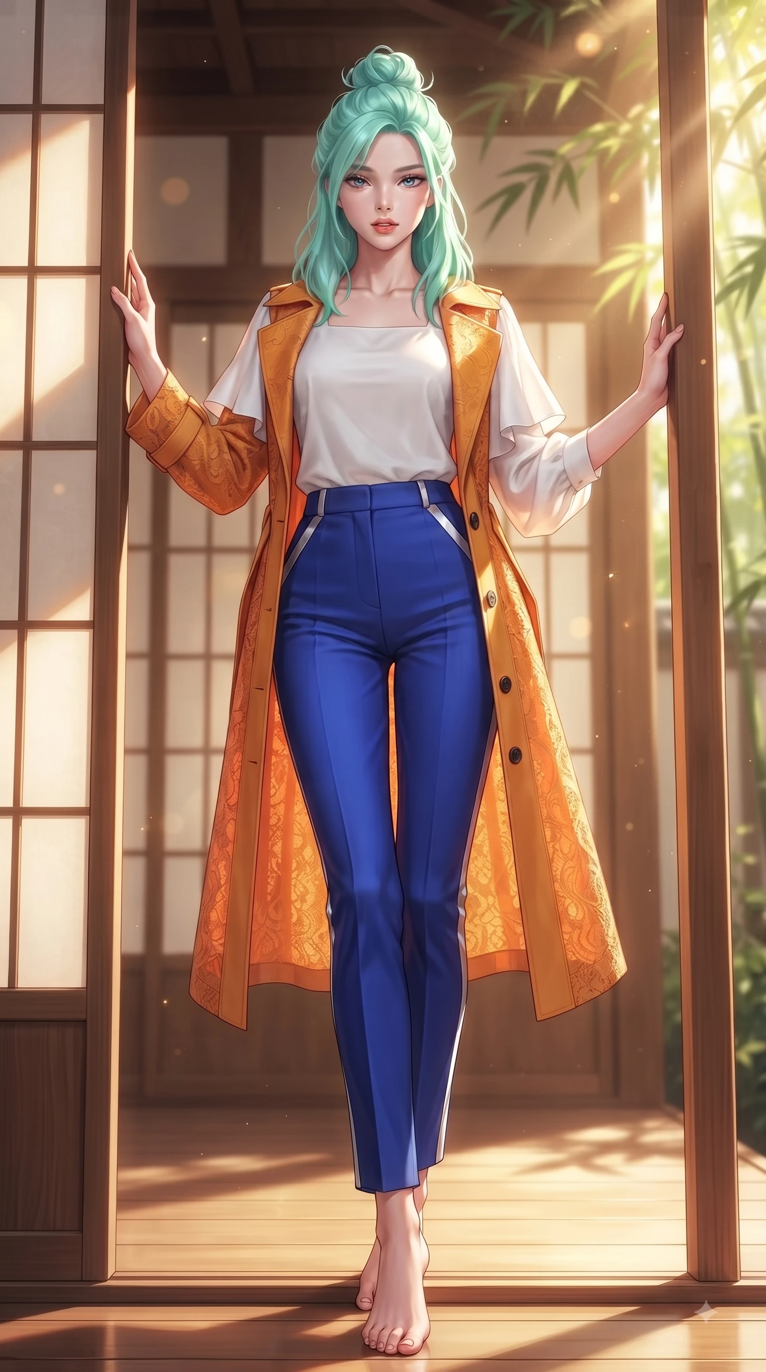 score_9, masterpiece, best quality, ultra-detailed, high-budget anime keyframe, editorial fashion photography, tasteful artistic composition, Japanese woman. low angle full-body shot from head to toe showing her feet, filling the entire 9:16 vertical frame with her statuesque presence, stretching her vertical silhouette. Sensual alluring expression with smoldering intensity, half-closed bedroom eyes, and softly parted glossy lips while leaning against a sun-drenched paper screen door with a serene, magnetic pose. The composition keeps background elements in soft focus with dreamy bokeh. sun-drenched paper doors and wooden Hanok pillars softened by warm shallow focus. She has an absolutely perfect, statuesque 8.5-heads proportion, an exceptionally tall and slender model-like female figure with impossibly long slender legs and an ultra-slim waist. sharp v-shaped jawline, high-bridge nose, intricate jewel-like eyes with depth, thick eyelashes, glossy lips with a natural sheen, flawlessly proportioned anatomical accuracy, natural body alignment, perfectly sculpted elegant limbs, clean dynamic posture without body distortion. wearing a stylish sunset amber trench coat over a crisp white shirt and tailored trousers in electric cobalt blue and polished silver accent, made of fine lace weave and soft satin jersey, featuring elegant flutter sleeves and a graceful square neckline, the form-contouring material accentuating her ultra-slim waist and long lines. bathed in bright morning sunbeams filtering through lush bamboo canopies. ultra-reflective glossy finish, specular highlights, metallic sheen, high-contrast stereoscopic depth, volumetric dynamic lighting, 2k, ultra detail, master piece, 9:16 ratio