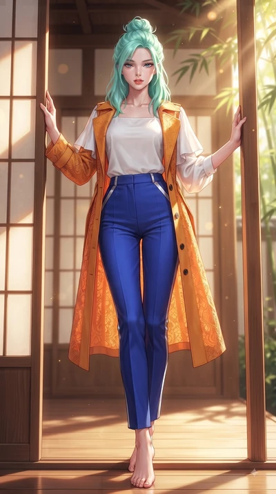 score_9, masterpiece, best quality, ultra-detailed, high-budget anime keyframe, editorial fashion photography, tasteful artistic composition, Japanese woman. low angle full-body shot from head to toe showing her feet, filling the entire 9:16 vertical