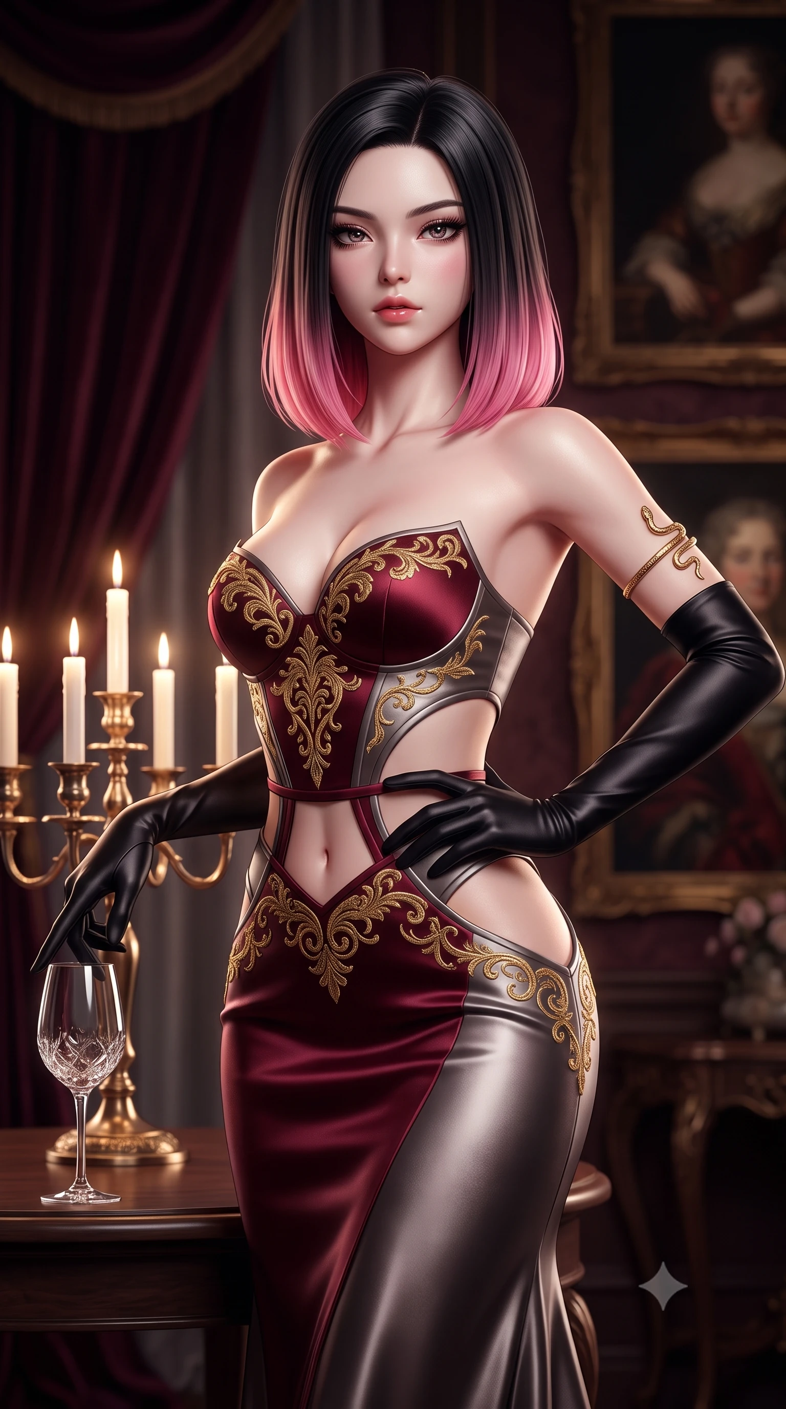 score_9, masterpiece, best quality, ultra-detailed, high-budget anime keyframe, semi-realistic 3D game render, editorial fashion photography, tasteful artistic composition, Korean woman. close-up cowboy shot from the waist and thighs up, the character dominates the composition, filling the frame with her large presence. arching her spine in an alluring serpentine S-curve, one hand resting on her waist with parted glossy lips and an intensely magnetic gaze while standing poised beside the grand candelabra table, slowly running one manicured finger along the rim of her wine glass. The composition keeps background elements in soft focus with creamy bokeh. heavy velvet draperies and antique oil portraits softened in luxurious shallow depth of field. She has an exceptionally elegant, slender, and willowy female figure with an ultra-slim waist, a gracefully sculpted slender torso, toned flat midriff, and a refined slim silhouette. sharp v-shaped jawline, high-bridge nose, intricate jewel-like eyes with depth, thick eyelashes, glossy parted lips with a natural sheen, intensely captivating and seductive expression, flawlessly proportioned anatomical accuracy, strict slender model proportions, natural body alignment, perfectly sculpted long slender limbs, ultra-slim waistline, clean dynamic posture without body distortion. wearing a baroque gold-embroidered bustier gown with exposed clavicle and structured hip boning in deep garnet and brushed dark platinum, tailored from ultra-smooth duchess satin with a pearlescent sheen, accessorized with opera-length black satin gloves and gold serpent armlet, the precision-cut daring openings accentuating her delicate midriff, graceful bare collarbones, and ultra-slim feminine waistline. surrounded by an opulent, intimate, and irresistibly hypnotic dark romance aura. highly saturated vibrant anime colors, detailed shading with soft gradients, rich glossy textures, high-contrast stereoscopic depth, volumetric dynamic lighting, master piece, 9:16 ratio
