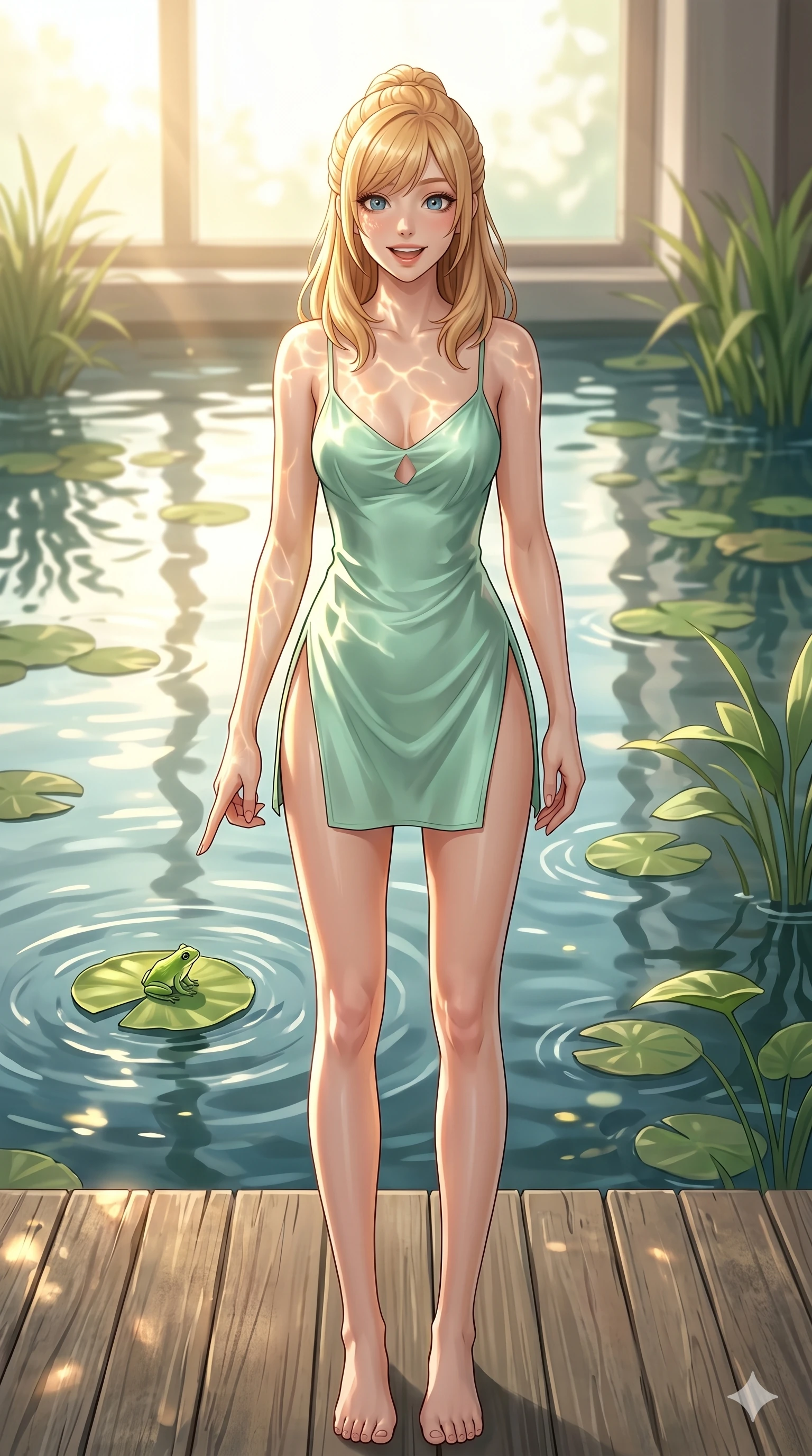 score_9, masterpiece, best quality, ultra-detailed, high-budget anime keyframe, editorial fashion photography, tasteful artistic composition, Caucasian woman, strictly human ears. cowboy shot from the thighs up, character and outfit filling the frame for maximum editorial presence. pointing down at a lily pad with a bright, childish smile of pure delight standing on a wooden deck overlooking a sunlit indoor lily pond. She has an absolutely perfect 8-heads proportion, an exceptionally tall and slender female figure with impossibly long slender legs and an ultra-slim waist. V-shaped jawline, high-bridge nose, intricate jewel-like eyes with depth, thick eyelashes, glossy lips with a natural sheen. wearing a mint-green silk slip dress with a tasteful chest slit and high-cut leg lines. drenched in soft morning sunlight reflecting off the pond, casting wavy light patterns on her face. 2k, ultra detail, master piece, 9:16 ratio