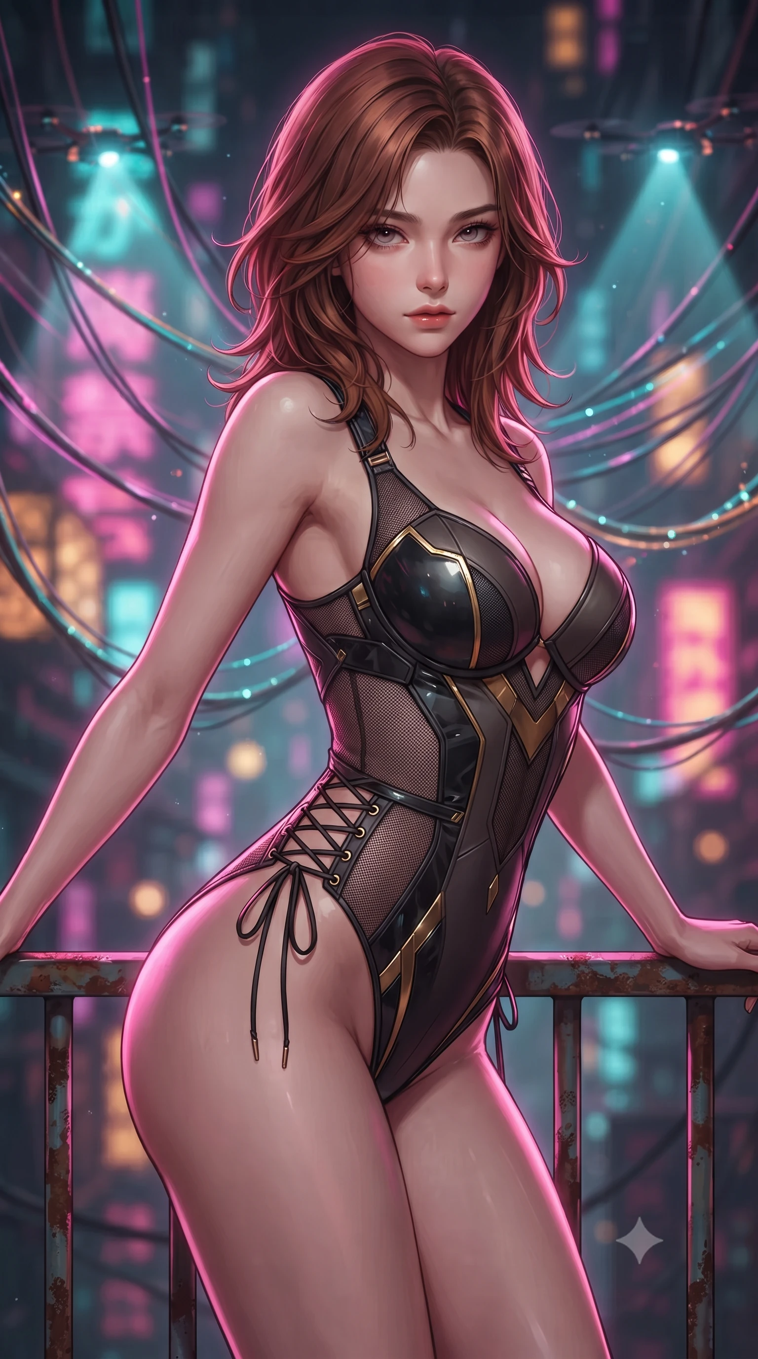 score_9, masterpiece, best quality, ultra-detailed, high-budget anime keyframe, editorial fashion photography, tasteful artistic composition, Korean woman. close-up cowboy shot from the waist and thighs up, the character dominates the composition, filling the frame with her large presence. leaning forward while arching her lower back to accentuate her curvy hips, looking into the camera with an intoxicating smoldering gaze and bedroom-eyes while leaning against the rusted steel railing with hips cocked back, looking through tangled glowing fiber-optic cables at hovering surveillance spinners with smoldering bedroom-eyes. The background shows a soft-focus dense web of glowing fiber-optic cables, dripping neon Kanji signs, and searchlight cones from hovering police drones blurred into fuchsia, turquoise, and amber bokeh. She has an exceptionally elegant, slender, and willowy female figure with an ultra-slim waist, flat toned midriff, narrow ribcage, and sculpted feminine hips creating an alluring, slim hourglass silhouette without bulk. sharp v-shaped jawline, high-bridge nose, intricate jewel-like sparkling eyes with depth, thick eyelashes, glossy parted lips with a natural peach sheen, bright cheerful beaming smile with an enchanting and coquettish sensual glint, exuding both youthful cute charm and seductive allure, flawlessly proportioned anatomical accuracy, strict slender model proportions, natural body alignment, perfectly sculpted long slender limbs, ultra-slim waistline, clean dynamic posture without body distortion. wearing an alluring plunging sweetheart tactical bodice with sheer mesh side-waist cutouts contouring her ribs in singularity accretion gold and space void onyx, tailored from high-density tech-wool with subtle metallic thread weave, featuring fine criss-cross lace-up side ties revealing tantalizing glimpses of her hip curve, the precision-cut side openings and low-back scoop framing her graceful spine and the sensual sweep of her slim, toned hips. illuminated by wet metal reflection bounce and sharp neon-magenta rim lights defining her razor-sharp jawline, narrow waist, and curvy hips. ultra-reflective glossy finish, specular highlights, rich textural contrasts, high-contrast stereoscopic depth, volumetric dynamic lighting, 2k, ultra detail, master piece, 9:16 ratio