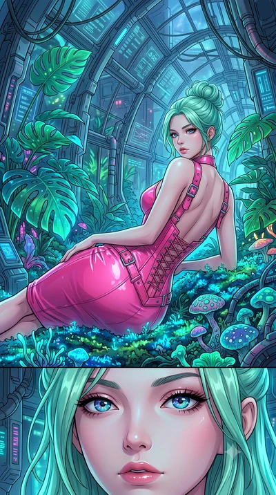 score_9, masterpiece, best quality, ultra-detailed, High-budget Anime Keyframe, East Asian woman. Low angle cowboy shot filling the entire 9:16 frame with her statuesque presence. Scenario 458: lying gracefully on a bed of bioluminescent moss inside 