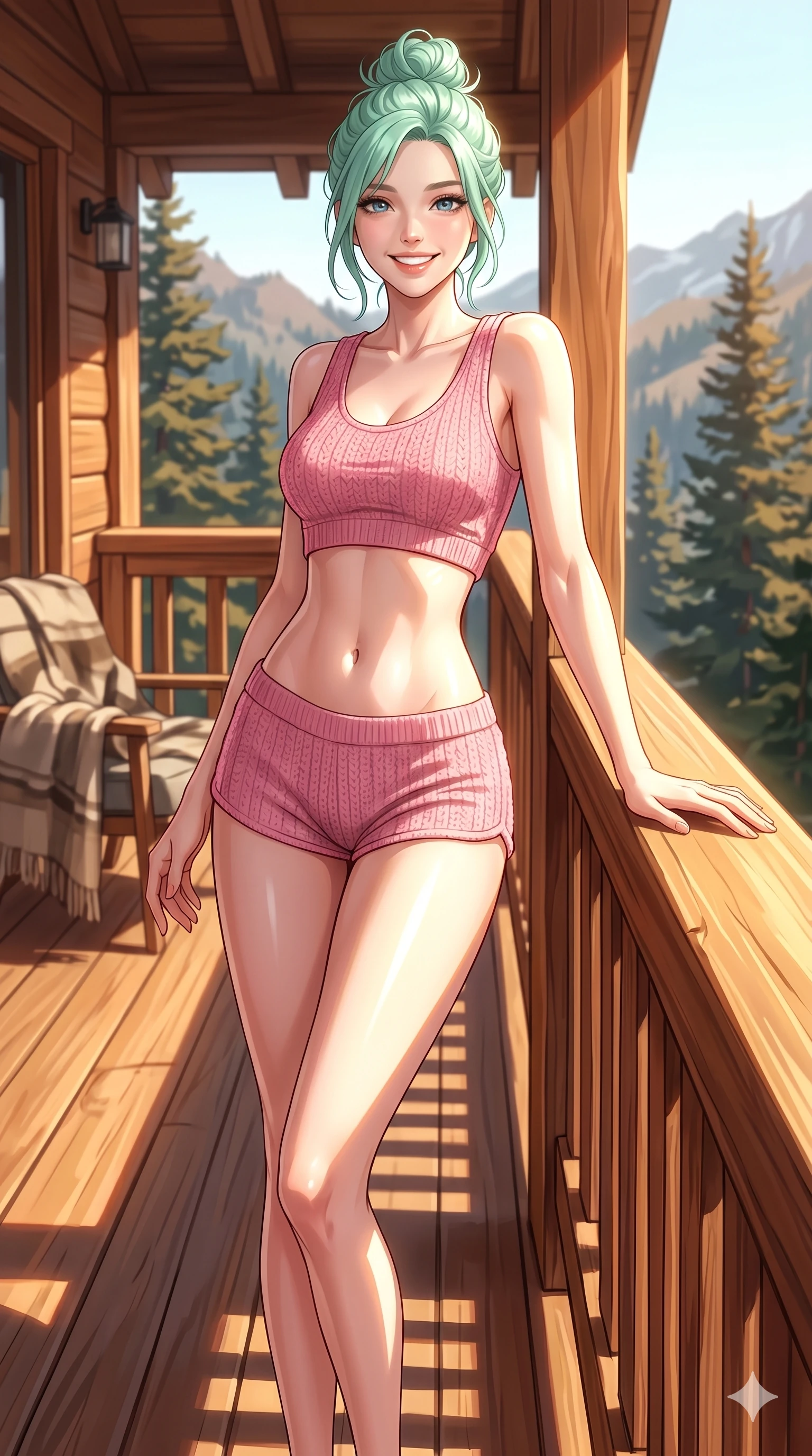 score_9, masterpiece, best quality, ultra-detailed, high-budget anime keyframe, vibrant anime aesthetic, Japanese woman. cowboy shot from the thighs up, character and outfit filling the frame for maximum presence. She is leaning on a balcony railing, looking at the viewer with a bright, joyful smile inside a cozy mountain resort deck with warm sun (Code-P20-069). She has an absolutely perfect 8-heads proportion, an exceptionally tall and slender female figure with impossibly long slender legs and an ultra-slim waist. V-shaped jawline, high-bridge nose, intricate jewel-like eyes with depth, thick eyelashes, glossy lips with a natural sheen. wearing a crop top showing her bare midriff and micro-shorts in pink knit. She is bathed in brilliant midday sunbeams, casting sharp highlights that outline her slim waist. 2k, ultra detail, master piece, 9:16 ratio
