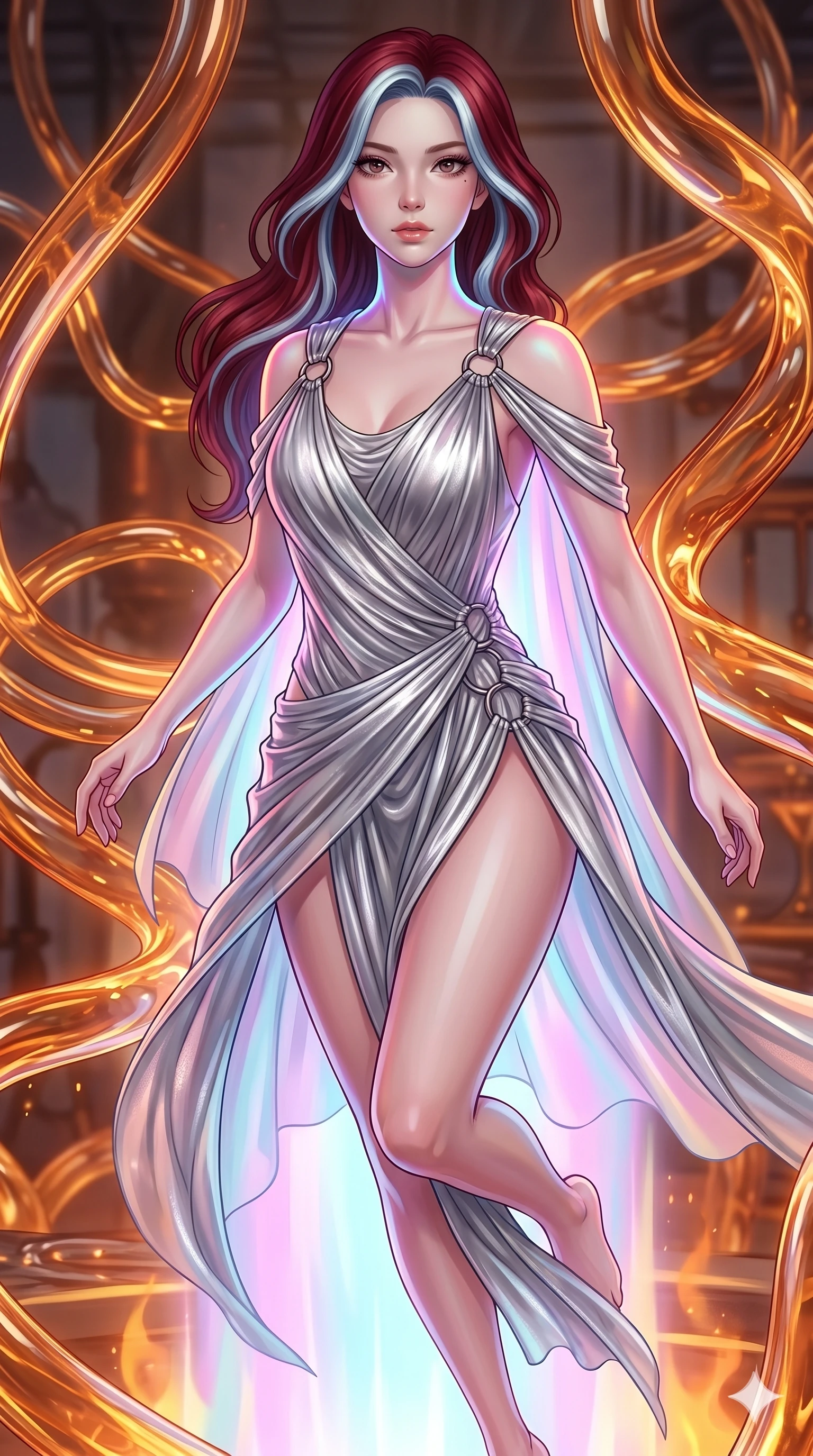 score_9, masterpiece, best quality, ultra-detailed, high-budget anime keyframe, Caucasian woman, strictly human ears. upper body close-up from the thighs up, character filling the screen for maximum presence. bounding through a molten glass art studio where twisting, glowing amber glass tubes rotate like fluid rivers in a heated environment. She has an absolutely perfect 8-heads proportion, an exceptionally tall and slender female figure with impossibly long slender legs and an ultra-slim waist. V-shaped jawline, high-bridge nose, intricate jewel-like eyes with depth, thick eyelashes, glossy lips with a natural sheen.. wearing a draped Grecian cyber-gown, featuring draped silver metallic chiffon held by metal ring hardware, displaying a high-leg line. enhanced by a luminous pastel spectrum glow, casting elegant rim lights on her shoulders and jawline. 2k, ultra detail, master piece, 9:16 ratio