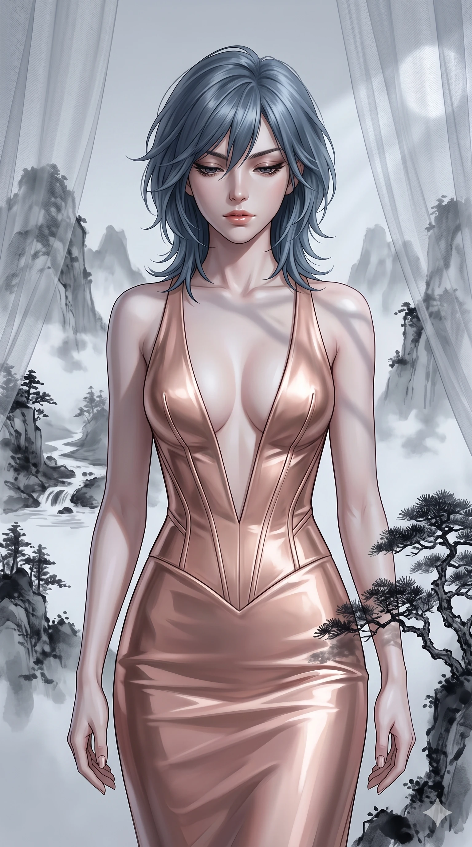 score_9, masterpiece, best quality, ultra-detailed, high-budget anime keyframe, editorial fashion photography, tasteful artistic composition, Caucasian woman, strictly human ears. close-up cowboy shot from the waist and thighs up, the character dominates the composition, filling the frame with her large presence, background elements kept in soft focus. Looking down with lowered lashes and a composed powerful expression. set against a soft-focus background of suspended inside a three-dimensional Chinese ink wash painting where misty monochrome mountains streams and pine trees float in mid-air rendered in translucent gradations of black ink. She has an exceptionally elegant and slender, willowy female figure with an ultra-slim waist, a gracefully sculpted slender torso, and a refined slim physique. sharp v-shaped jawline, high-bridge nose, intricate jewel-like eyes with depth, thick eyelashes, glossy lips with a natural sheen. wearing a floor-length gown in liquid rose gold, featuring an ultra-deep plunging V-neckline descending to the waist and a highly structured architectural bodice. cold silver moonlight filtered through translucent gossamer curtains casting delicate shadows. 2k, ultra detail, master piece, 9:16 ratio