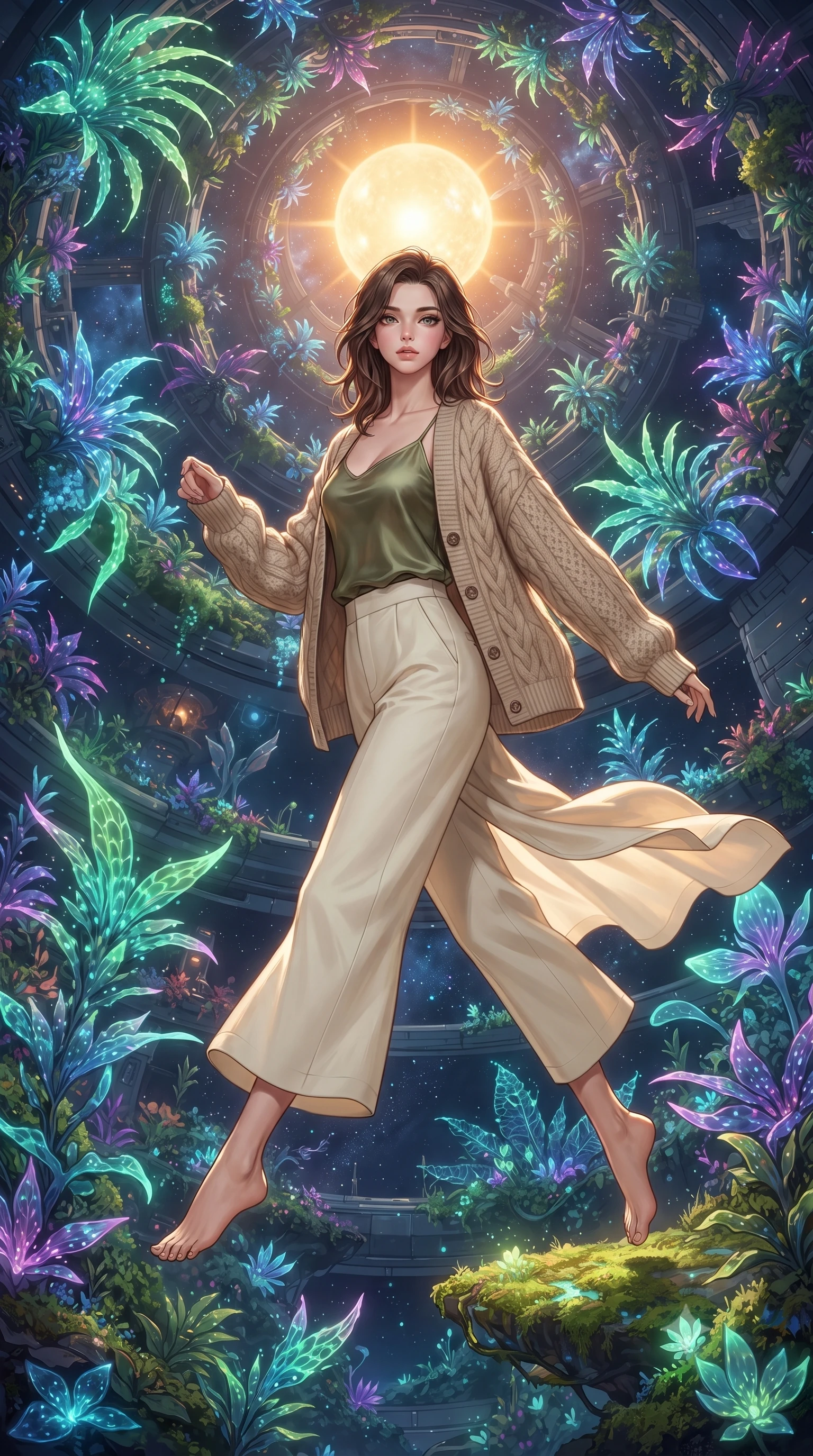 score_9, masterpiece, best quality, ultra-detailed, high-budget anime keyframe, editorial fashion photography, tasteful artistic composition, Korean woman. low angle full-body shot from head to toe showing her feet, filling the entire 9:16 vertical frame with her statuesque presence, stretching her vertical silhouette. leaping gracefully through a massive atrium inside a space station where exotic alien plants grow in spiraling zero-gravity formations their bioluminescent fronds reaching toward an artificial sun at the atrium's center. She has a statuesque 8.5-heads proportion, an exceptionally tall, slender and willowy model-like build with impossibly long legs and a highly sculpted ultra-slim waist. sharp v-shaped jawline, high-bridge nose, intricate jewel-like eyes with depth, thick eyelashes, glossy lips with a natural sheen. wearing a cozy beige cable-knit cardigan over an olive green silk slip top and cream-colored wide-leg pants. warm artificial sunlight from the central light source with additional multicolored bioluminescent plant glow in greens blues and purples creating a lush cosmic garden ambiance. 2k, ultra detail, master piece, 9:16 ratio