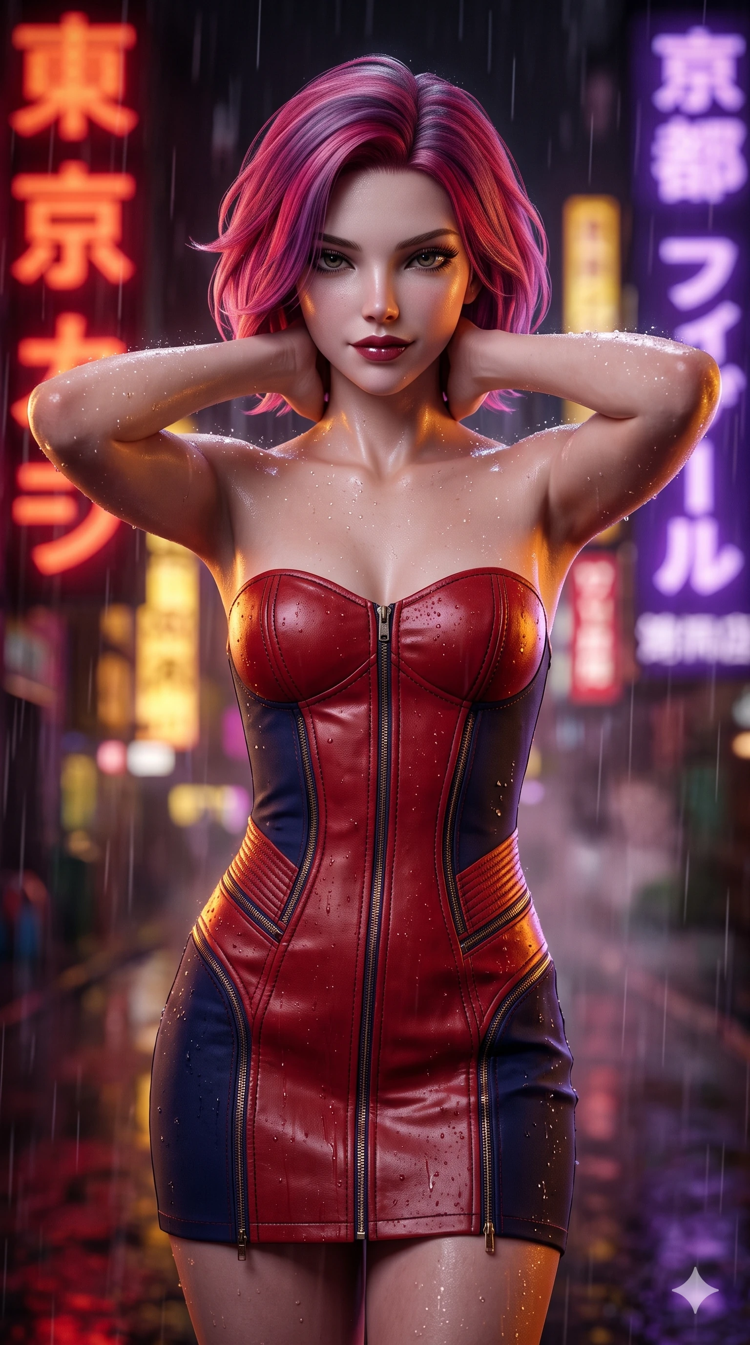 score_9, masterpiece, best quality, ultra-detailed, high-budget anime keyframe, semi-realistic 3D game render, editorial fashion photography, tasteful artistic composition, Caucasian woman. close-up cowboy shot from the waist and thighs up, the character dominates the composition, filling the frame with her large presence. resting both hands lightly behind her neck with elbows raised, arching her spine to highlight her narrow waist, flat midriff, and breathtaking collarbones while glancing down over lowered lashes before meeting the camera with quiet, devastating intensity, her tailored outfit tracing her ultra-slim waist and hips. The background shows a soft-focus vertical kanji neon signs in deep crimson, gold, and royal purple blurred into dazzling saturated reflections and dreamy rain bokeh. She has an exceptionally elegant, slender, and willowy female figure with an ultra-slim waist, flat toned midriff, narrow ribcage, and sculpted feminine hips creating an alluring, slim hourglass silhouette without bulk. sharp v-shaped jawline, high-bridge nose, intricate jewel-like dark sparkling eyes with dangerous depth, thick curled eyelashes, glossy parted lips with a rich wine sheen, smoldering seductive half-smile with bedroom-eyes, exuding effortless superiority and intoxicating dark allure, flawlessly proportioned anatomical accuracy, strict slender model proportions, natural body alignment, perfectly sculpted long slender limbs, ultra-slim waistline, clean dynamic posture without body distortion. wearing a glove-like stretch lambskin leather corset mini dress with double-ended front zipper in Tokyo Tower scarlet crimson and midnight indigo, tailored from heavy double-faced silk georgette with an exceptionally fluid drape, finished with glistening rain droplets beading across her sculpted shoulders and flat midriff, the liquid-tight tailored fabric clinging flawlessly to her narrow waist and rounded feminine hips, emphasizing every millimeter of her sculpted slim hourglass curves without any bulky heaviness. bathed in intense saturated crimson and warm gold neon underlights contrasting with dark rain-soaked shadow tones. highly saturated vibrant anime colors, detailed shading with soft gradients, rich glossy textures, high-contrast stereoscopic depth, volumetric dynamic lighting, master piece, 9:16 ratio