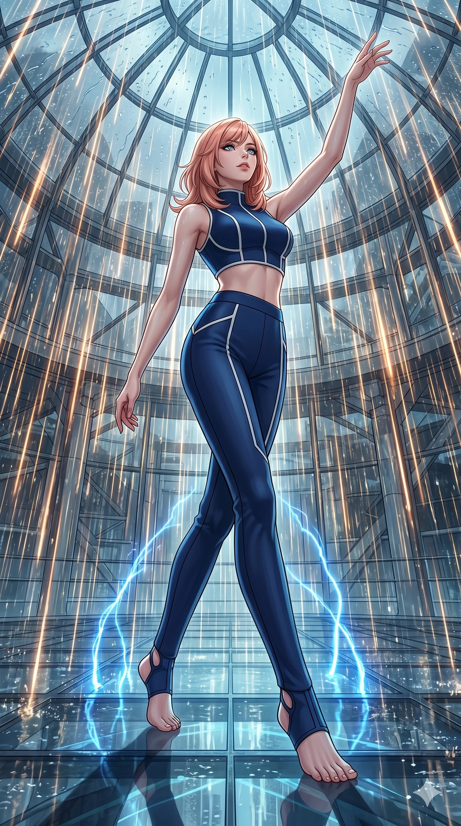 score_9, masterpiece, best quality, ultra-detailed, high-budget anime keyframe, editorial fashion photography, tasteful artistic composition, Japanese woman. low angle full-body shot from head to toe showing her feet, filling the entire 9:16 vertical frame with her statuesque presence, stretching her vertical silhouette. Gliding forward with one arm sweeping upward toward the sky inside a glass dome sanctuary during a heavy downpour of glowing amber rain. She has an absolutely perfect 8-heads proportion, an exceptionally tall and slender female figure with impossibly long slender legs and an ultra-slim waist. V-shaped jawline, high-bridge nose, intricate jewel-like eyes with depth, thick eyelashes, glossy lips with a natural sheen. wearing a structured crop top in thick navy neoprene with contrast white piping, paired with matching high-waist neoprene trousers with a slim-fit leg. highlighted by pulsing electric blue plasma arc lighting from below, casting dramatic upward shadows. 2k, ultra detail, master piece, 9:16 ratio