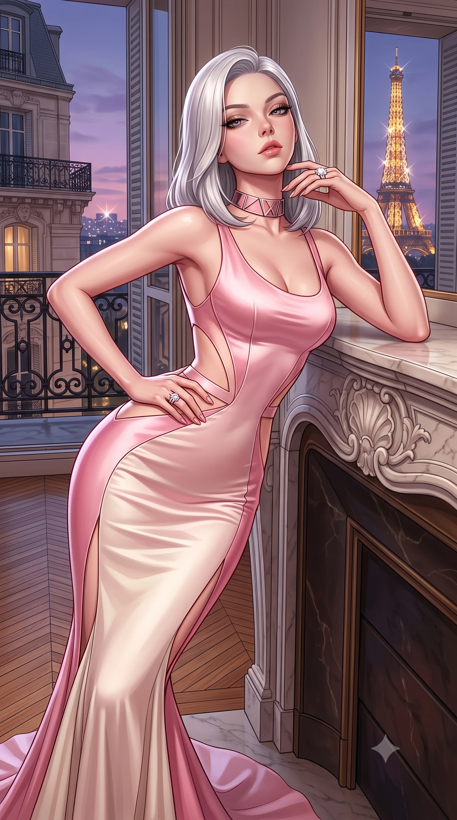 score_9, masterpiece, best quality, ultra-detailed, high-budget anime keyframe, semi-realistic 3D game render, editorial fashion photography, tasteful artistic composition, Korean woman. close-up cowboy shot from the waist and thighs up, the character dominates the composition, filling the frame with her large presence. tilting her chin up with proud, sovereign allure while gazing through thick eyelashes, one hand resting on her waist in pure supermodel charisma while reclining across a marble fireplace hearth propped on one elbow, her long slender legs and narrow waist bathed in the romantic Paris twilight. The surrounding environment is rendered in vivid detail and crisp panoramic clarity. sharp wrought-iron railing scrollwork, herringbone parquet wood grain, and Haussmann stone facade moldings in deep focus. She has an exceptionally elegant, slender, and willowy female figure with an ultra-slim waist, flat toned midriff, narrow ribcage, and sculpted feminine hips creating an alluring, slim hourglass silhouette without bulk. sharp v-shaped jawline, high-bridge nose, intricate jewel-like eyes with depth, thick eyelashes, glossy parted lips with a natural sheen, intensely captivating and seductive bedroom-eyes expression, flawlessly proportioned anatomical accuracy, strict slender model proportions, natural body alignment, perfectly sculpted long slender limbs, ultra-slim waistline, clean dynamic posture without body distortion. wearing a sculptured liquid-satin mermaid gown with an architectural open-waist cutout and bare spine in sakura blossom pink and warm ivory, made of fluid silk crepe with delicate inner corsetry boning, complemented by a bold geometric choker and sparkling cocktail ring, the precision-cut side openings and low-back scoop framing her graceful spine and the sensual sweep of her slim, toned hips. illuminated by sparkling Eiffel Tower light glints defining her razor-sharp jawline, narrow waist, and curvy hips. highly saturated vibrant anime colors, detailed shading with soft gradients, rich glossy textures, high-contrast stereoscopic depth, volumetric dynamic lighting, master piece, 9:16 ratio