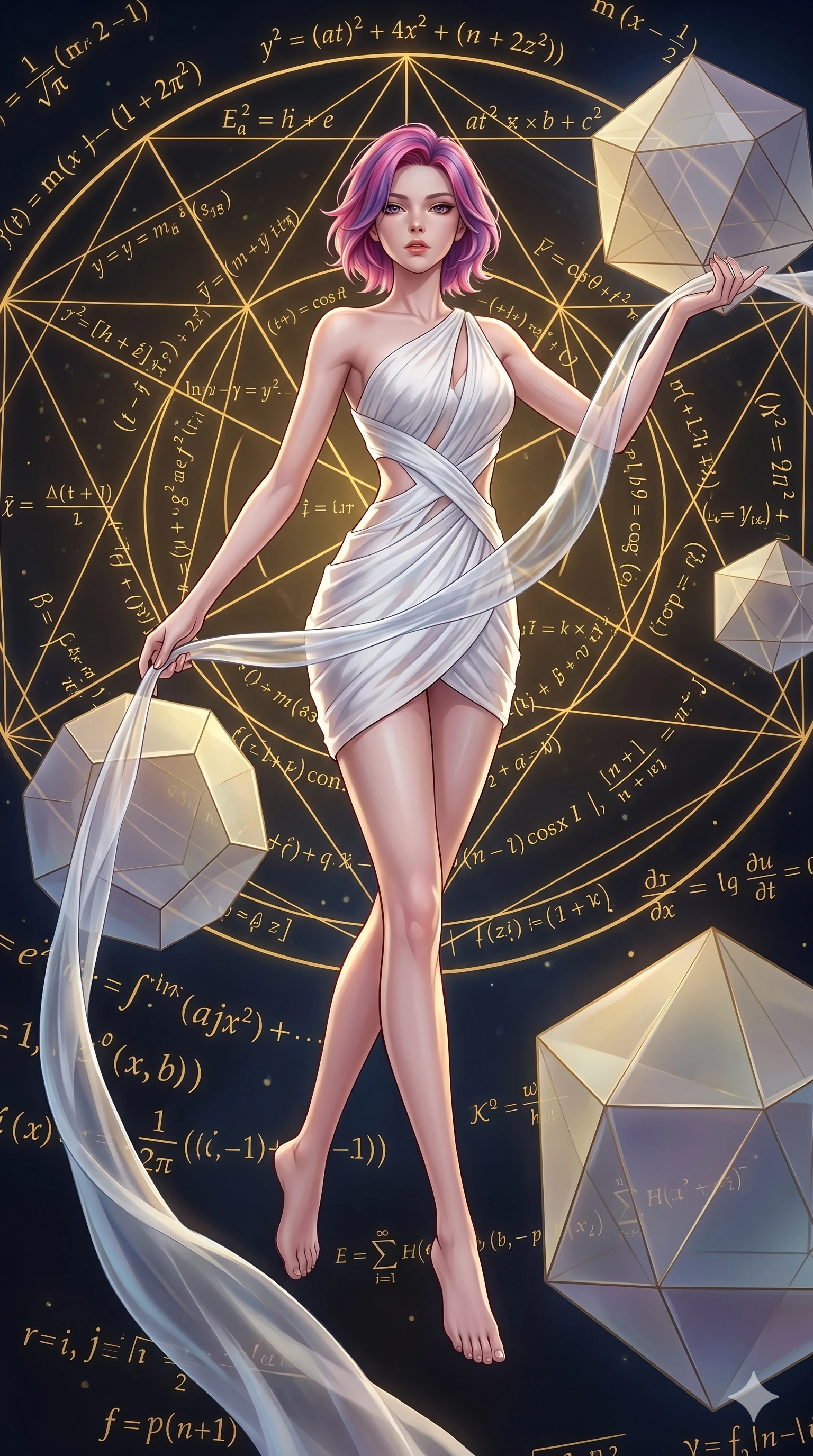 score_9, masterpiece, best quality, ultra-detailed, high-budget anime keyframe, Caucasian woman, strictly human ears. low angle full-body shot filling the entire 9:16 frame with her statuesque presence, stretching the vertical silhouette. floating gracefully in a mathematical mandala void filled with golden geometric lines of complex formulas, holding a translucent ribbon as she glides between floating regular polyhedrons. She has an absolutely perfect 8-heads proportion, an exceptionally tall and slender female figure with impossibly long slender legs and an ultra-slim waist. V-shaped jawline, high-bridge nose, intricate jewel-like eyes with depth, thick eyelashes, glossy lips with a natural sheen.. wearing an asymmetric chiffon draped couture mini dress, featuring draped white chiffon fabric twisting around her body with elegant diamond cutouts on the waist. accented by dynamic color-blocked lighting with high-contrast shadows emphasizing her statuesque height. 2k, ultra detail, master piece, 9:16 ratio