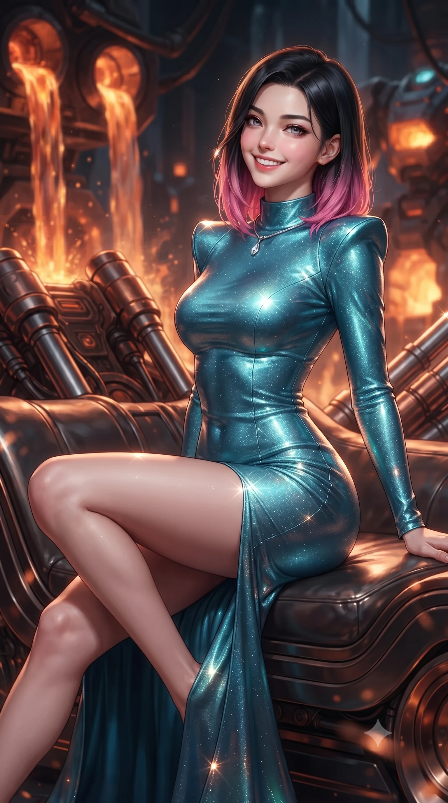 score_9, masterpiece, best quality, ultra-detailed, high-budget anime keyframe, editorial fashion photography, tasteful artistic composition, Korean woman. close-up cowboy shot from the waist and thighs up, the character dominates the composition, filling the frame with her large presence. perched sideways on the lounge seat, one knee drawn up to showcase her slender leg line while her arched back accentuates her feminine hip curve while leaning against the thermal blast balustrade with hips cocked back, looking through rising copper heat ripples at glowing mech chassis with smoldering bedroom-eyes. The background shows a soft-focus cascading waterfalls of molten liquid slag, glowing orange forge furnaces, and massive hydraulic piston exhausts blurred into amber, copper, and ruby bokeh. She has an exceptionally elegant, slender, and willowy female figure with an ultra-slim waist, flat toned midriff, narrow ribcage, and sculpted feminine hips creating an alluring, slim hourglass silhouette without bulk. sharp v-shaped jawline, high-bridge nose, intricate jewel-like sparkling eyes with depth, thick eyelashes, glossy parted lips with a natural peach sheen, bright cheerful beaming smile with an enchanting and coquettish sensual glint, exuding both youthful cute charm and seductive allure, flawlessly proportioned anatomical accuracy, strict slender model proportions, natural body alignment, perfectly sculpted long slender limbs, ultra-slim waistline, clean dynamic posture without body distortion. wearing a body-hugging liquid mercury jersey combat gown with high mock neck and structured shoulder pads clinging flawlessly to her silhouette in Europa abyssal turquoise and ice-shelf diamond, woven from stretch metallic lurex jersey casting radiant starlight glints across her curves, finished with a minimalist chrome choker and a single teardrop diamond pendant, the bespoke structured tailoring following the natural line of her 8.5-heads silhouette with refined elegance. illuminated by molten slag reflection bounce and sharp copper-gold rim lights sculpting her razor-sharp jawline, narrow waist, and curvy hips. ultra-reflective glossy finish, specular highlights, rich textural contrasts, high-contrast stereoscopic depth, volumetric dynamic lighting, 2k, ultra detail, master piece, 9:16 ratio