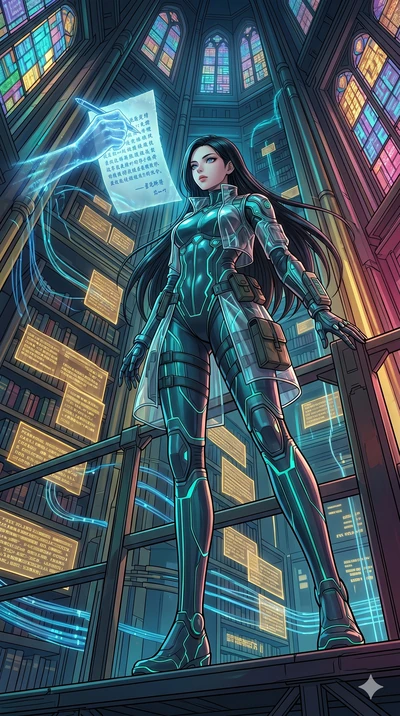 score_9, masterpiece, best quality, ultra-detailed, high-budget anime movie keyframe, cinematic anime lighting, intricate line art, Japanese woman. Dynamic full-body shot stretching the vertical silhouette with extreme perspective. staring at a lette