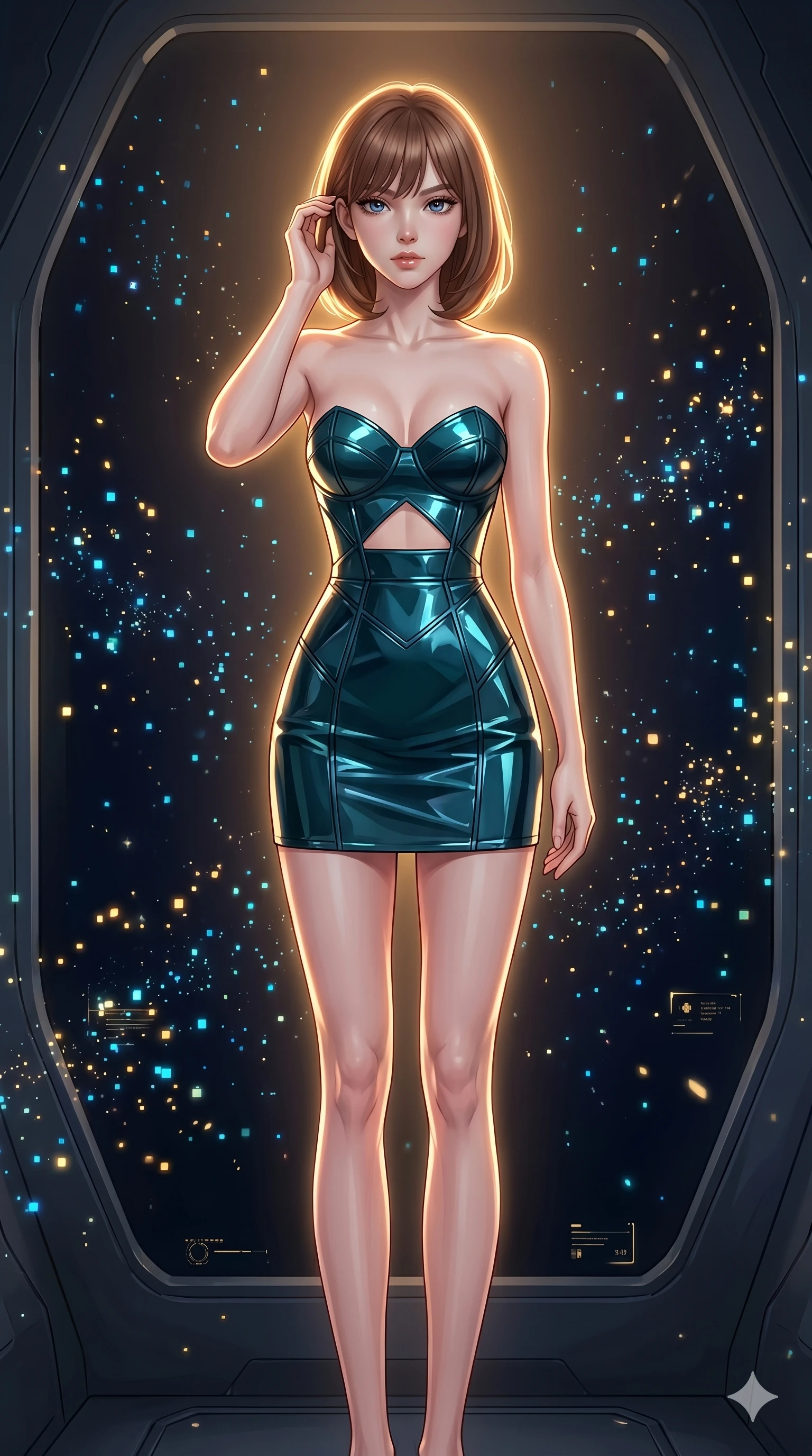score_9, masterpiece, best quality, ultra-detailed, high-budget anime keyframe, editorial fashion photography, tasteful artistic composition, Caucasian woman, strictly human ears. cowboy shot from the thighs up, character and outfit filling the frame for maximum editorial presence. Lifting one hand to gently tuck a strand of hair behind her ear, her movements fluid and slow inside a virtual reality pod where glowing pixel dust floats in a dark void, as a gentle breeze stirs the glowing elements around her. She has an absolutely perfect 8-heads proportion, an exceptionally tall and slender female figure with impossibly long slender legs and an ultra-slim waist. V-shaped jawline, high-bridge nose, intricate jewel-like eyes with depth, thick eyelashes, glossy lips with a natural sheen. wearing a structured bustier dress in high-gloss dark teal with a geometric cutout at the midriff. under warm golden hour backlighting, creating a luminous, radiant halo around her silhouette. 2k, ultra detail, master piece, 9:16 ratio