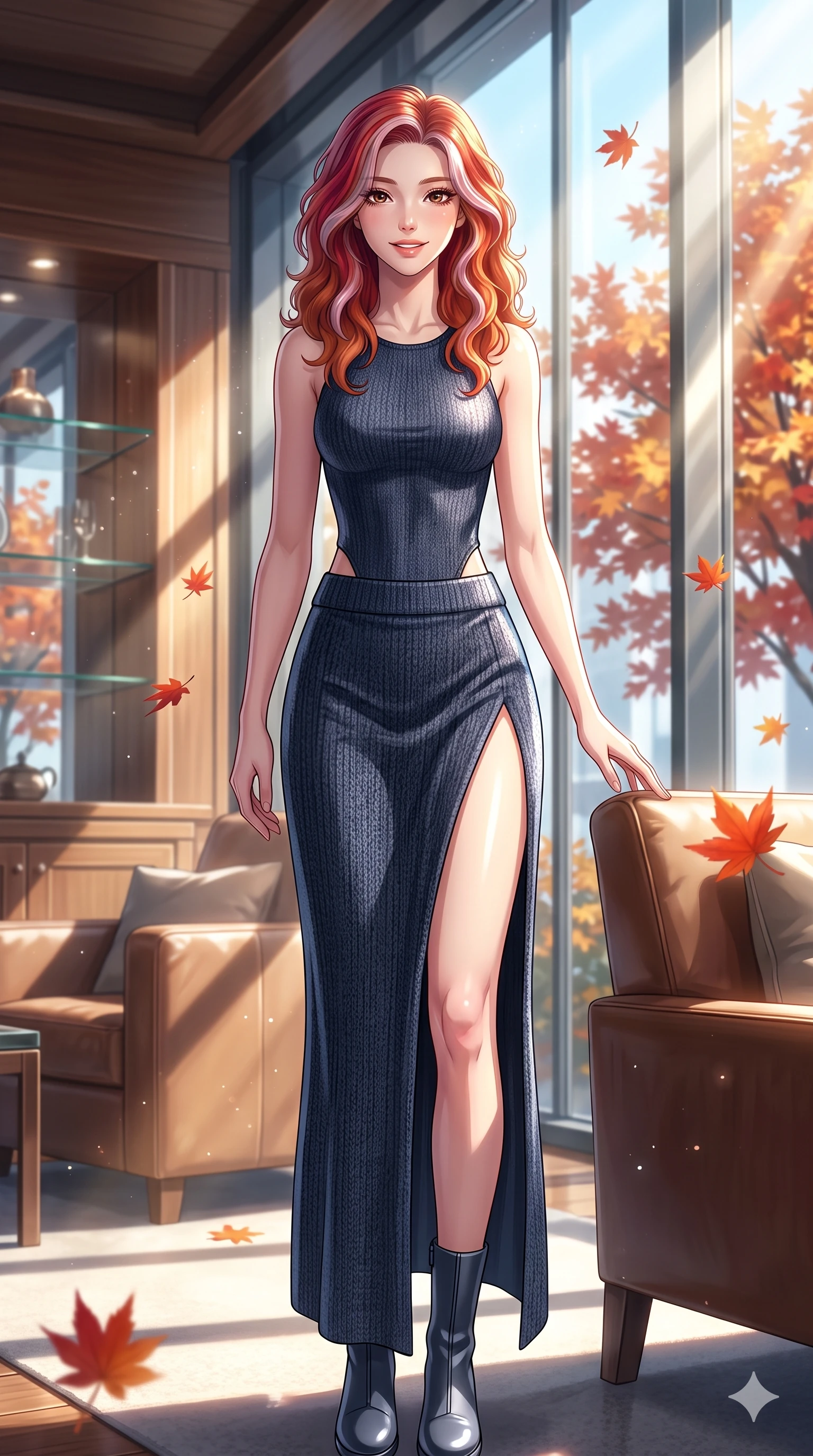 score_9, masterpiece, best quality, ultra-detailed, high-budget anime keyframe, vibrant anime aesthetic, Caucasian woman, strictly human ears. cowboy shot from the thighs up, character and outfit filling the frame for maximum presence. She is standing under maples, smiling delightfully as autumn leaves fall around her inside a premium lounge with floor-to-ceiling sunbeams (Code-P21-063). She has an absolutely perfect 8-heads proportion, an exceptionally tall and slender female figure with impossibly long slender legs and an ultra-slim waist. V-shaped jawline, high-bridge nose, intricate jewel-like eyes with depth, thick eyelashes, glossy lips with a natural sheen. wearing a bodycon leotard with a high-slit skirt in winter activewear knit. She is drenched in bright afternoon winter sun, highlighting the glossy textures of her outfit. 2k, ultra detail, master piece, 9:16 ratio