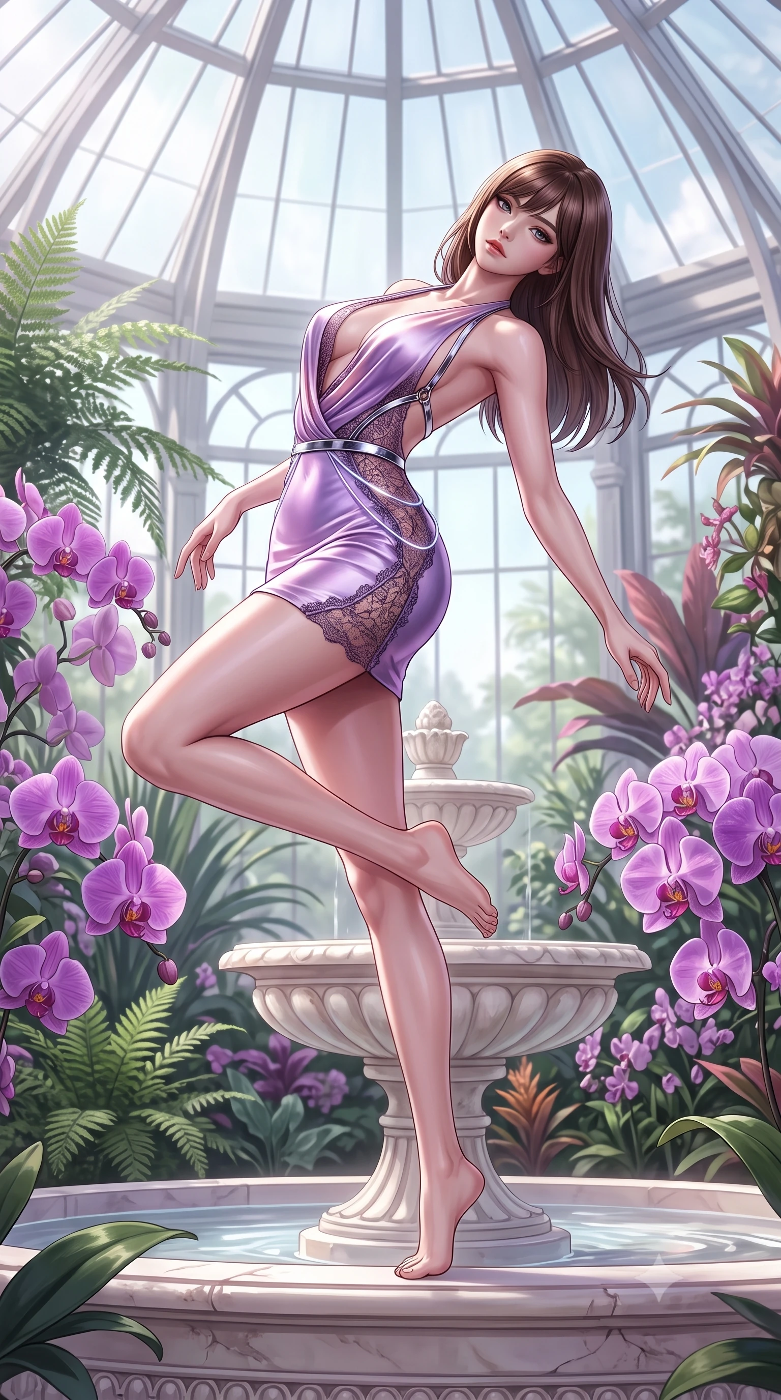 score_9, masterpiece, best quality, ultra-detailed, high-budget anime keyframe, semi-realistic 3D game render, editorial fashion photography, tasteful artistic composition, Korean woman. low angle full-body shot from head to toe showing her feet, filling the entire 9:16 vertical frame with her statuesque presence, stretching her vertical silhouette. arching her back in a fluid zero-gravity turn with sovereign grace, her long slender legs and sculpted torso creating a sweeping line while standing poised on the edge of a tiered alabaster fountain surrounded by blooming purple orchids in a soaring glass greenhouse. The surrounding environment is rendered in vivid detail and crisp panoramic clarity. vibrant botanical colors and high-key luxury conservatory architecture captured with environmental precision. She has an absolutely perfect, statuesque 8.5-heads proportion, an exceptionally tall and slender model-like female figure with impossibly long slender legs, a toned flat midriff, and an ultra-slim waist. sharp v-shaped jawline, high-bridge nose, intricate jewel-like eyes with depth, thick eyelashes, glossy lips with a natural sheen, flawlessly proportioned anatomical accuracy, strict slender model proportions, natural body alignment, perfectly sculpted long slender limbs, ultra-slim waistline, clean dynamic posture without body distortion. wearing a form-contouring liquid satin halter-neck mini dress with a deep crossover cowl front, open back, and ultra-slender waist drape in luminous lavender violet and rose gold, crafted from delicate dark lace interwoven with luminescent micro-fibers, reinforced by a sleek metallic chrome harness and delicate glowing micro-straps, the sleek second-skin cut tightly hugging her graceful clavicle, narrow waist, and feminine curves with athletic precision. surrounded by an opulent, romantic, and breathtakingly fresh floral goddess atmosphere. highly saturated vibrant anime colors, detailed shading with soft gradients, rich glossy textures, high-contrast stereoscopic depth, volumetric dynamic lighting, master piece, 9:16 ratio