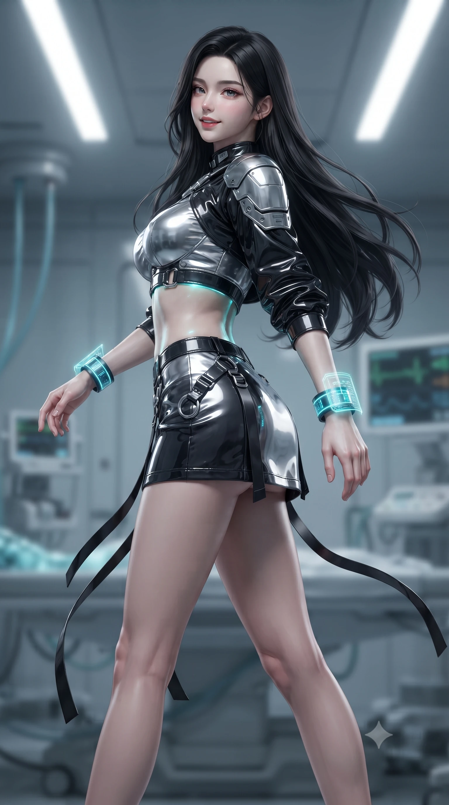 score_9, masterpiece, best quality, ultra-detailed, high-budget anime keyframe, editorial fashion photography, tasteful artistic composition, Korean woman. low angle full-body shot from head to toe showing her feet, filling the entire 9:16 vertical frame with her statuesque presence, stretching her vertical silhouette. executing a cheerful mid-motion pivot turn as her tactical belt and ribbons flutter around her slender legs, glancing over her shoulder with an intoxicating, teasing bedroom-gaze while twisting her slender torso in an alluring S-curve, sub-zero cyan luminescence dancing across her flat midriff and rounded feminine hips. The background shows a soft-focus overhead cryogenic coolant lines and digital vital signs monitors softened in eerie sci-fi medical shallow focus. She has an absolutely perfect, statuesque 8.5-heads proportion, an exceptionally tall and slender model-like female figure with impossibly long slender legs, an ultra-slim waist, a flat toned midriff, narrow delicate ribcage, and beautifully sculpted feminine hips creating a graceful, slim hourglass silhouette without any bulky heaviness. sharp v-shaped jawline, high-bridge nose, intricate jewel-like sparkling eyes with depth, thick eyelashes, glossy parted lips with a natural sheen, bright confident smile with an enchanting and coquettish sensual glint, exuding both youthful magnetic charm and sovereign high-tech allure, flawlessly proportioned anatomical accuracy, strict slender model proportions, natural body alignment, perfectly sculpted long slender limbs, ultra-slim waistline, clean dynamic posture without body distortion. wearing a modern mecha-suit two-piece set featuring a cropped armored bolero top and micro tactical skirt with chrome rings in liquid chrome silver and pitch black, tailored from ultra-reflective glossy liquid vinyl with mirror-like specular highlights, featuring sleek glowing cyan HUD display wrist cuffs with floating data telemetry, the aerodynamic second-skin silhouette tightly following the natural contour of her hips and long slender legs with youthful 8.5-heads elegance. illuminated by overhead cold-white strip lights and sharp crystalline silver rim lights carving her slim waist, hips, and jawline. ultra-reflective glossy finish, specular highlights, rich textural contrasts, high-contrast stereoscopic depth, volumetric dynamic lighting, 2k, ultra detail, master piece, 9:16 ratio