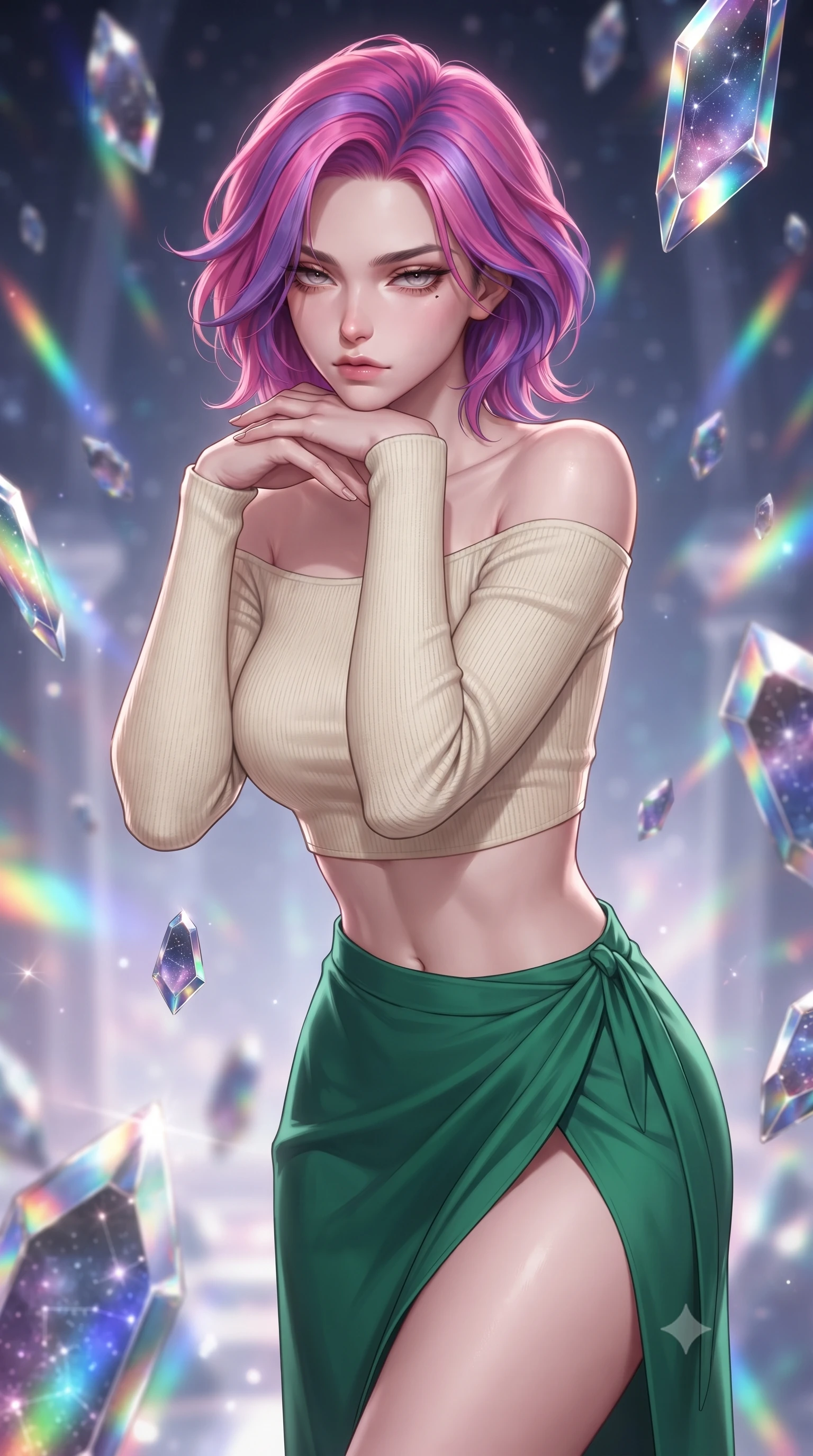 score_9, masterpiece, best quality, ultra-detailed, high-budget anime keyframe, editorial fashion photography, tasteful artistic composition, Caucasian woman. close-up cowboy shot from the waist and thighs up, the character dominates the composition, filling the frame with her large presence, background elements kept in soft focus. resting her chin on the backs of her fingers, casting a heavy-lidded, sultry look past the camera the background shows a soft-focus a cosmic crystal hall with floating gemstone shards reflecting galaxy constellations. She has an exceptionally elegant, slender, and willowy female figure with an ultra-slim waist, a gracefully sculpted slender torso, and a refined silhouette. sharp v-shaped jawline, high-bridge nose, intricate jewel-like eyes with depth, thick eyelashes, glossy lips with a natural sheen. wearing a form-contouring cropped off-shoulder knit top in cream paired with a high-slit wrap skirt in emerald green. prismatic rainbow light refracting through floating crystals. ultra-reflective glossy finish, specular highlights, metallic sheen, high-contrast stereoscopic depth, volumetric dynamic lighting, 2k, ultra detail, master piece, 9:16 ratio