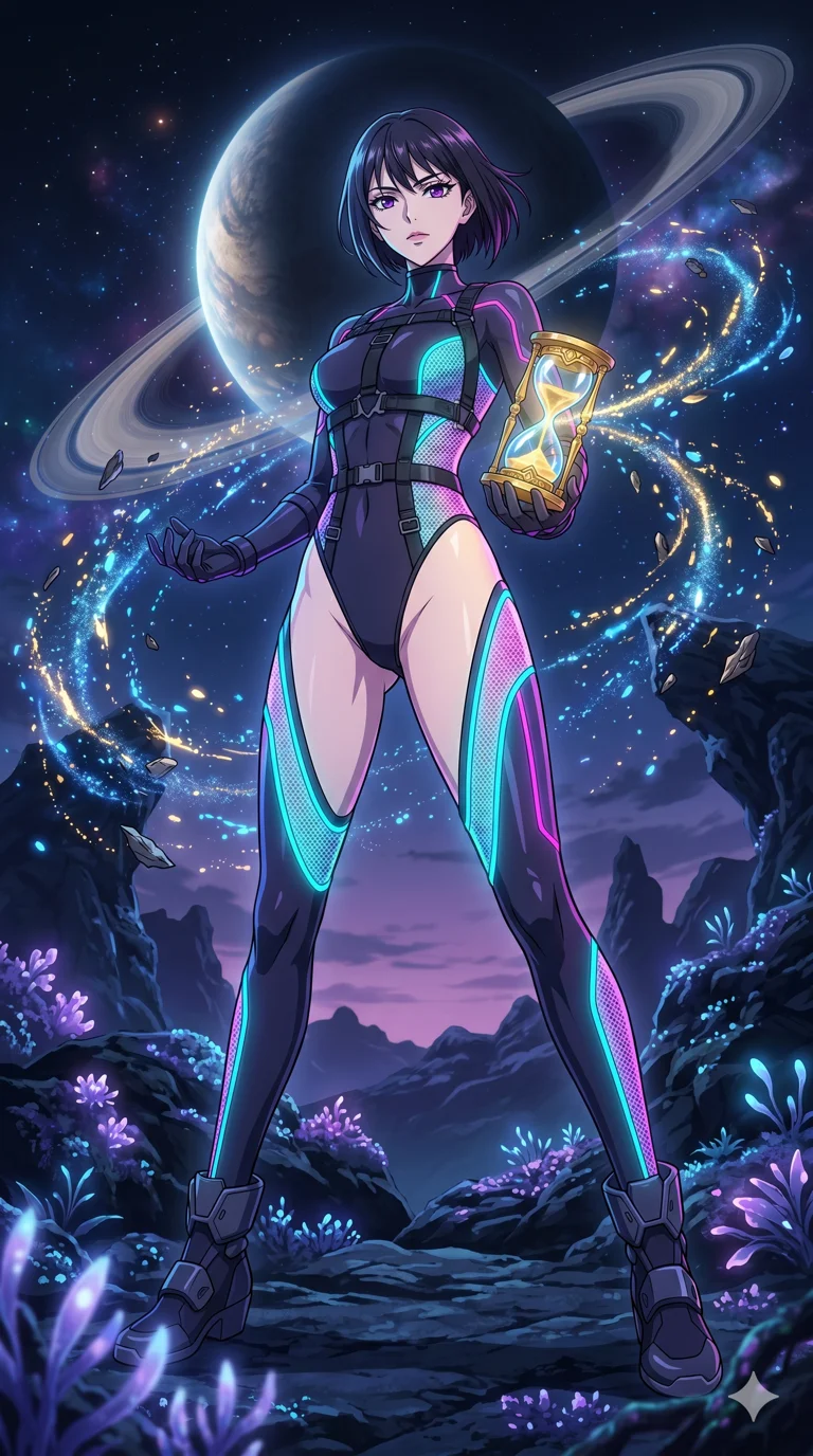 score_9, masterpiece, best quality, ultra-detailed, High-budget Anime Keyframe, vibrant colors, fluid line-art, expressive lighting, cinematic composition, Ufotable-style visual effects, top-tier animation quality, Japanese woman with delicate and elegant anime-inspired features. Wide-angle low shot emphasizing her impossibly long slender legs and commanding stature. Controlling the flow of time itself with an ornate golden hourglass, the world around her slowing to a complete standstill. She has an absolutely perfect 8-heads proportion, an exceptionally tall and slender female figure with impossibly long slender legs and an ultra-slim waist, her statuesque height and towering silhouette dominating the vertical 9:16 frame. Her face is a masterpiece featuring a sharp v-shaped jawline, high-bridge nose, intricate jewel-like eyes with depth, thick eyelashes, and glossy lips with a natural sheen. She is wearing a Micro-bodysuit with a complex integrated harness system and high-cut leg lines crafted from Fluorescent mesh that glows brightly under neon light, highlighting her silhouette, with an exposed midriff and a complex harness system that draws the eye. The scene is set in a mysterious alien planet with bioluminescent purple flora and a giant ringed planet in the sky, illuminated by flickering starlight and nebula glow providing a mystical and vast ambiance. 2k, ultra detail, master piece, 9:16 ratio