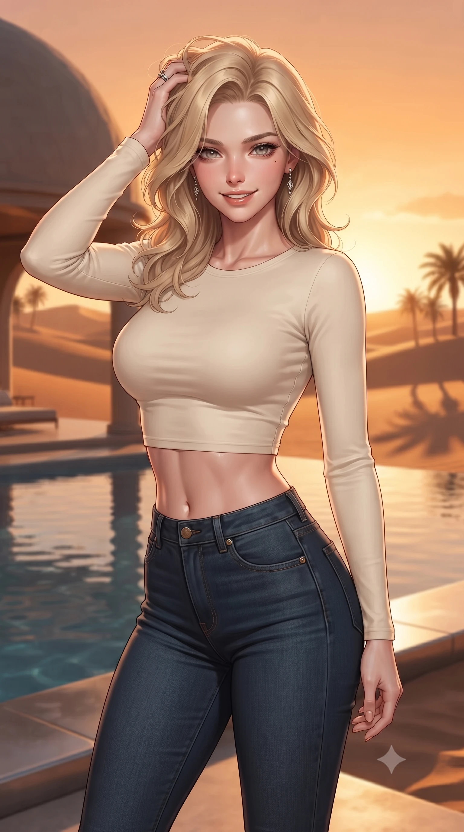 score_9, masterpiece, best quality, ultra-detailed, high-budget anime keyframe, editorial fashion photography, tasteful artistic composition, Caucasian woman. close-up cowboy shot from the waist and thighs up, the character dominates the composition, filling the frame with her large presence, background elements kept in soft focus. smiling with quiet, magnetic self-assurance directly into the camera, running a hand through her hair the background shows a soft-focus an outdoor infinity pool of a luxury desert dome villa overlooking sand dunes. She has an exceptionally elegant, slender, and willowy female figure with an ultra-slim waist, a gracefully sculpted slender torso, and a refined silhouette. sharp v-shaped jawline, high-bridge nose, intricate jewel-like eyes with depth, thick eyelashes, glossy lips with a natural sheen. wearing a body-hugging body-hugging long-sleeve crop top in cream cotton paired with high-waisted skinny jeans. the dramatic orange glow of a desert sunset casting long shadows of the dome. ultra-reflective glossy finish, specular highlights, metallic sheen, high-contrast stereoscopic depth, volumetric dynamic lighting, 2k, ultra detail, master piece, 9:16 ratio