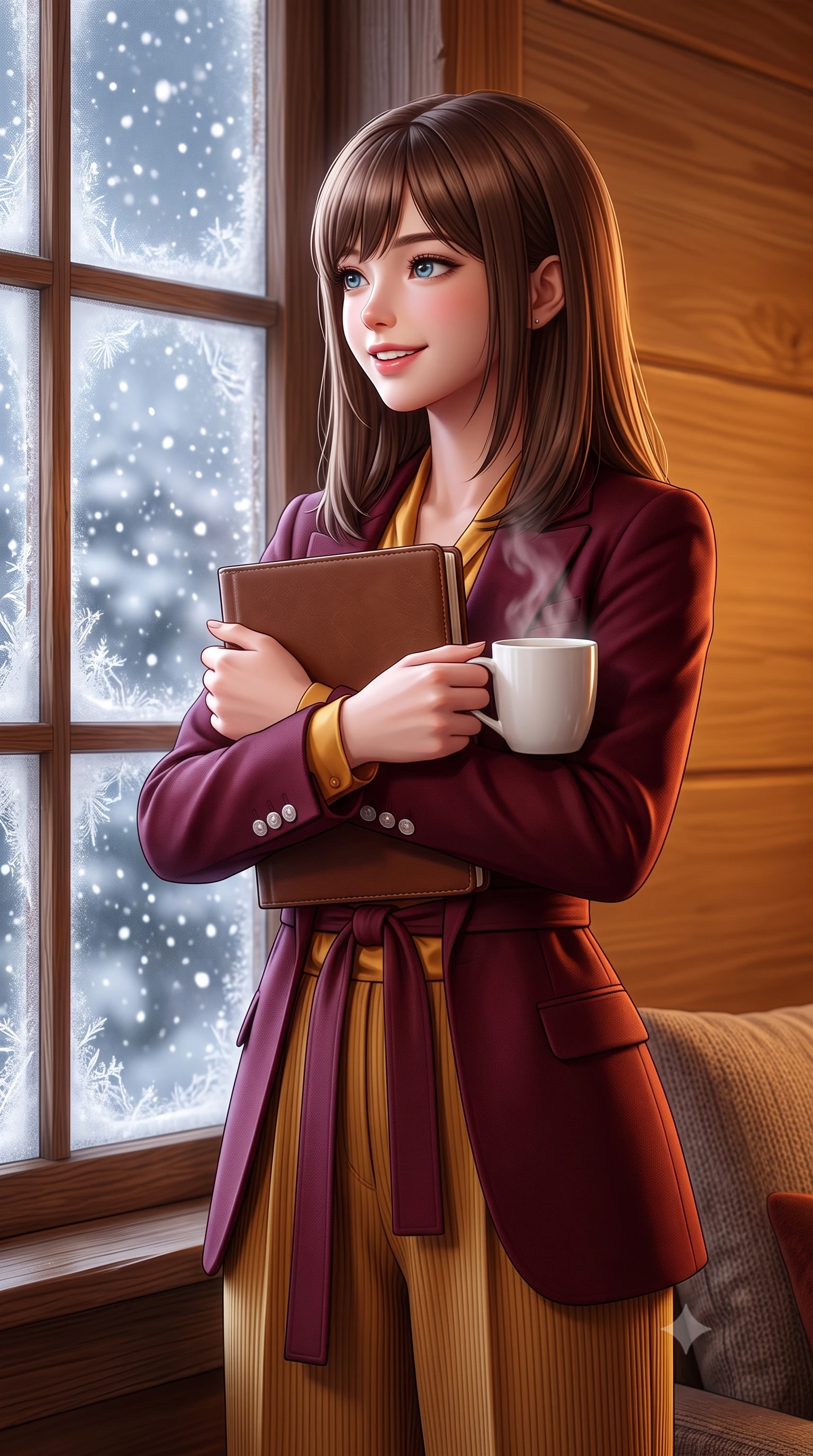 score_9, masterpiece, best quality, ultra-detailed, high-budget anime keyframe, semi-realistic 3D game render, editorial fashion photography, tasteful artistic composition, Korean woman. close-up cowboy shot from the waist and thighs up, the character dominates the composition, filling the frame with her large presence. holding a leather notebook close to her chest with both arms, smiling delightfully with youthful scholarly grace while walking toward the frosted timber window with a steaming porcelain mug, looking out at the falling snowflakes with wonder. The surrounding environment is rendered in vivid detail and crisp panoramic clarity: detailed roll-neck cashmere sweater weave, tailored corduroy trouser ribs, and master alpine joinery in high resolution. She has an exceptionally elegant, slender, and willowy female figure with an ultra-slim waist, flat toned midriff, narrow ribcage, and sculpted feminine hips creating an alluring, slim hourglass silhouette without bulk. sharp v-shaped jawline, high-bridge nose, intricate jewel-like sparkling eyes with depth, thick eyelashes, glossy parted lips with a natural peach sheen, bright cheerful beaming smile with an enchanting and coquettish sensual glint, exuding both youthful cute charm and seductive allure, flawlessly proportioned anatomical accuracy, strict slender model proportions, natural body alignment, perfectly sculpted long slender limbs, ultra-slim waistline, clean dynamic posture without body distortion. wearing a chic tailored smoking jacket blazer paired with fluid pleated palazzo trousers and a silk blouse base in rich Oxford burgundy and golden amber, tailored from heavyweight double-faced wool with clean architectural edges, finished with fine mother-of-pearl cuff buttons catching the soft ambient light, the structured cinched belt emphasizing her narrow waistline and gracefully balanced proportions with timeless haute-couture polish. illuminated by honey pine wall reflection bounce and warm buttery rim lights sculpting her features and slender hourglass curves. highly saturated vibrant anime colors, detailed shading with soft gradients, rich glossy textures, high-contrast stereoscopic depth, volumetric dynamic lighting, master piece, 9:16 ratio