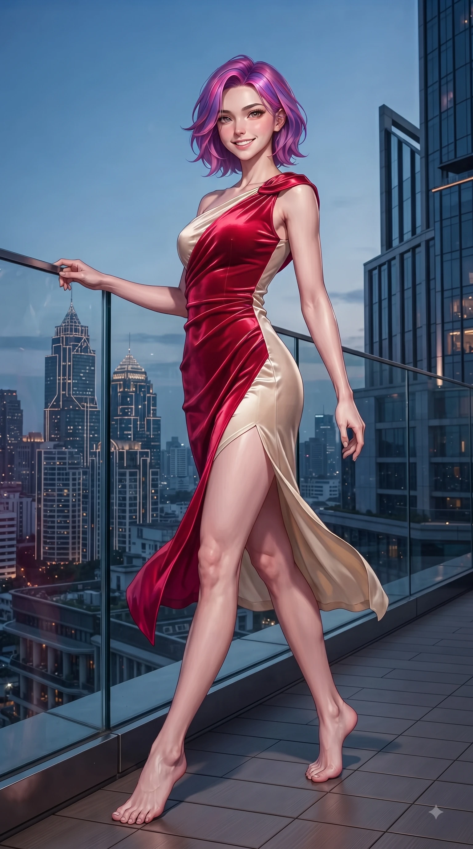 score_9, masterpiece, best quality, ultra-detailed, high-budget anime keyframe, editorial fashion photography, tasteful artistic composition, Caucasian woman. low angle full-body shot from head to toe showing her feet, filling the entire 9:16 vertical frame with her statuesque presence, stretching her vertical silhouette. pivoting dynamically with a fresh infectious smile, her ultra-slim waist creating a sweeping fluid curve while pivoting dynamically near a glass railing with city skyscraper outlines behind her. The surrounding environment is rendered in vivid detail and crisp panoramic clarity. intricate city skyline details, twilight sky gradients, and modern architectural lines in high clarity. She has an absolutely perfect, statuesque 8.5-heads proportion, an exceptionally tall and slender model-like female figure with impossibly long slender legs and an ultra-slim waist. sharp v-shaped jawline, high-bridge nose, intricate jewel-like eyes with depth, thick eyelashes, glossy lips with a natural sheen, flawlessly proportioned anatomical accuracy, natural body alignment, perfectly sculpted elegant limbs, clean dynamic posture without body distortion. wearing an asymmetrical draped chiffon midi dress with a sleek shoulder accent in vivid crimson red and champagne cream, made of lustrous stretch velvet, featuring a sleek side leg slit ascending to mid-thigh, the glove-like fit emphasizing her statuesque silhouette during motion. surrounded by a sophisticated, glamorous, and modern nightlife aura. ultra-reflective glossy finish, specular highlights, metallic sheen, high-contrast stereoscopic depth, volumetric dynamic lighting, 2k, ultra detail, master piece, 9:16 ratio