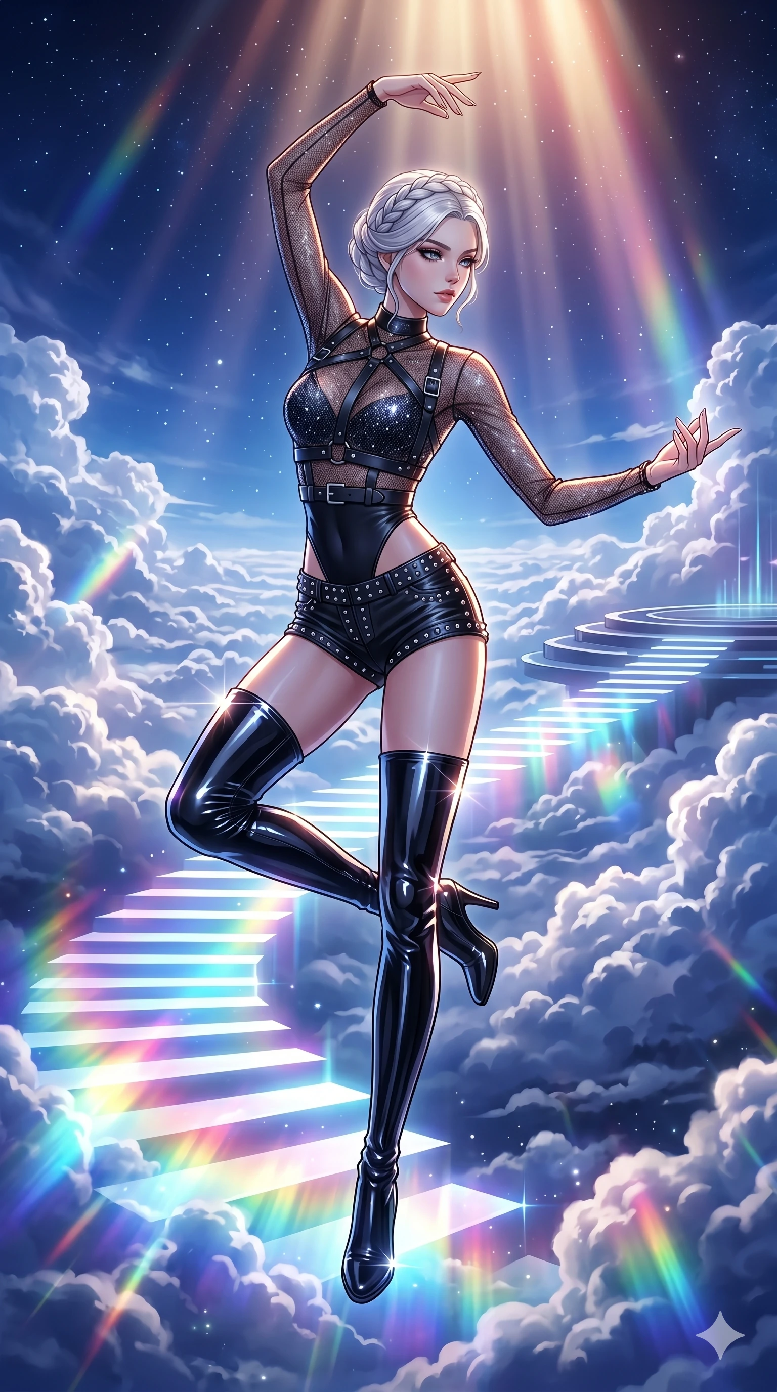 score_9, masterpiece, best quality, ultra-detailed, high-budget anime movie keyframe, cinematic anime lighting, intricate line art, Japanese woman. Mid-air action shot capturing a graceful twist and vertical silhouette. weaving a staircase of light into the clouds. She has an absolutely perfect 8-heads proportion, an exceptionally tall and slender female figure with an ultra-slim waist and impossibly long slender legs. strictly human anatomy, two legs only, no extra limbs, clearly defined legs and arms, perfect anatomy, perfect hands and fingers. sharp v-shaped jawline, high-bridge nose, intricate jewel-like eyes, thick eyelashes, glossy lips. Wearing K-Idol Stage: Leather harness over mesh, high-cut bodysuit, studded micro-shorts, and thigh-high patent boots. The scene is illuminated by dramatic atmospheric lighting and vibrant color palettes. , 2k, ultra detail, master piece, 9:16 ratio