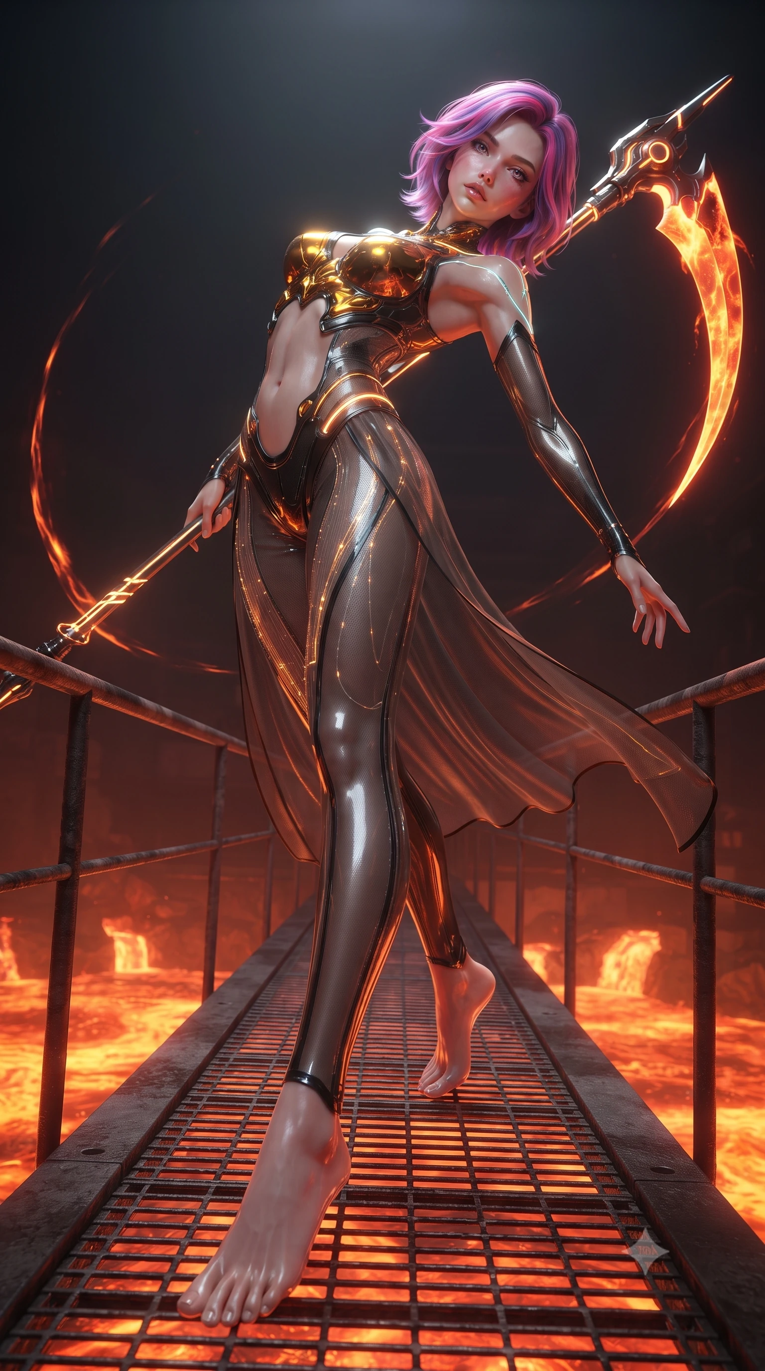 score_9, masterpiece, best quality, ultra-detailed, high-budget anime keyframe, editorial fashion photography, tasteful artistic composition, Caucasian woman. low angle full-body shot from head to toe showing her feet, filling the entire 9:16 vertical frame with her statuesque presence, stretching her vertical silhouette. arching her back gracefully in mid-air during a dynamic combat vault, her weapon energy trail framing her statuesque presence while standing poised on a suspended iron gantry above rivers of glowing geothermal magma while wielding a curved plasma scythe. The surrounding environment is rendered in vivid detail and crisp panoramic clarity. razor-sharp molten plasma scythe blade curvature, glowing energy conduits along the staff, and iron grating in deep focus. She has an absolutely perfect, statuesque 8.5-heads proportion, an exceptionally tall and slender model-like female figure with impossibly long slender legs, a toned flat midriff, and an ultra-slim waist. sharp v-shaped jawline, high-bridge nose, intricate jewel-like eyes with depth, thick eyelashes, glossy lips with a natural sheen, flawlessly proportioned anatomical accuracy, strict slender model proportions, natural body alignment, perfectly sculpted long slender limbs, ultra-slim waistline, clean dynamic posture without body distortion. wearing a sculpted molten-gold and dark carbon cuirass paired with high-mobility combat leggings and sheer side drapes, wielding a glowing plasma energy scythe with fluid grace in monochrome white enamel carbon with high-contrast black panels, crafted from semi-translucent cybernetic carbon-vinyl interwoven with glowing micro-filaments, accented with glowing fiber-optic conduits tracing her collarbones and hip curves, the liquid-tight tailored fabric emphasizing every curve of her tall, slender model proportions and sculptured silhouette during dynamic movement. illuminated by crisp specular highlights tracing her ultra-slim waist, long legs, and flat midriff. ultra-reflective glossy finish, specular highlights, dark metallic sheen, high-contrast stereoscopic depth, volumetric dynamic lighting, 2k, ultra detail, master piece, 9:16 ratio