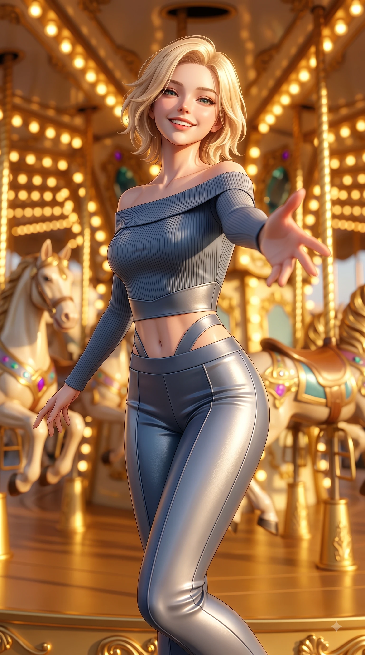score_9, masterpiece, best quality, ultra-detailed, high-budget anime keyframe, editorial fashion photography, tasteful artistic composition, Caucasian woman. close-up cowboy shot from the waist and thighs up, the character dominates the composition, filling the frame with her large presence, background elements kept in soft focus. Tilting her chin up with a beaming smile of pure delight while balancing dynamically amidst the scene while reaching one arm out playfully toward the camera while spinning on a golden carousel deck, thousands of warm vintage light bulbs casting glowing golden circles in soft bokeh. She has an exceptionally elegant, slender, and willowy female figure with an ultra-slim waist, a gracefully sculpted slender torso, and a refined silhouette. sharp v-shaped jawline, high-bridge nose, intricate jewel-like eyes with depth, thick eyelashes, glossy lips with a natural sheen, flawlessly proportioned anatomical accuracy, natural body alignment, perfectly sculpted elegant limbs, clean dynamic posture without body distortion. wearing a sleek off-shoulder ribbed knit top paired with high-waist tailored pants in slate blue and metallic silver, formed from sleek second-skin neoprene, featuring subtle geometric cutouts that highlight her ultra-slim midriff, the sleek second-skin texture accentuating her magnetic presence. bathed in glorious golden hour sunbeams and warm amber carousel lamp radiance. ultra-reflective glossy finish, specular highlights, metallic sheen, high-contrast stereoscopic depth, volumetric dynamic lighting, 2k, ultra detail, master piece, 9:16 ratio