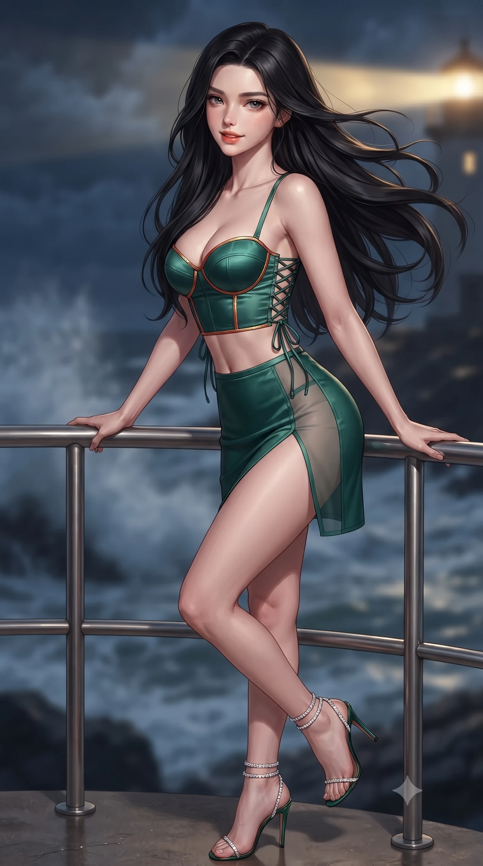 score_9, masterpiece, best quality, ultra-detailed, high-budget anime keyframe, editorial fashion photography, tasteful artistic composition, Korean woman. close-up cowboy shot from the waist and thighs up, the character dominates the composition, filling the frame with her large presence. turning slowly with an enchanting smoldering smile, her glossy hair tossing in the breeze as her hips angle gracefully in a captivating contrapposto while leaning against the stainless steel railing with hips cocked back, looking into the stormy Atlantic night with smoldering bedroom-eyes. The background shows a soft-focus salty ocean spray softened in wild Breton coastline shallow focus. She has an exceptionally elegant, slender, and willowy female figure with an ultra-slim waist, flat toned midriff, narrow ribcage, and sculpted feminine hips creating an alluring, slim hourglass silhouette without bulk. sharp v-shaped jawline, high-bridge nose, intricate jewel-like sparkling eyes with depth, thick eyelashes, glossy parted lips with a natural peach sheen, bright cheerful beaming smile with an enchanting and coquettish sensual glint, exuding both youthful cute charm and seductive allure, flawlessly proportioned anatomical accuracy, strict slender model proportions, natural body alignment, perfectly sculpted long slender limbs, ultra-slim waistline, clean dynamic posture without body distortion. wearing a sculpted satin underwire crop bustier with lace-up side ties paired with a micro skirt in Tanjong Pagar Peranakan jade green and gilded vermilion, featuring strategic sheer-illusion tulle side panels framing her ribcage and hips, complemented by strappy stiletto sandals with crystal ankle wraps accentuating her slender calves, the high-slit wrap tailoring accentuating her ultra-slim waistline and the enchanting curve of her feminine hips with alluring seductive charm. bathed in periodic sweeping golden lighthouse lamp beams contrasted with deep navy ocean ambient and moonlight. ultra-reflective glossy finish, specular highlights, rich textural contrasts, high-contrast stereoscopic depth, volumetric dynamic lighting, 2k, ultra detail, master piece, 9:16 ratio