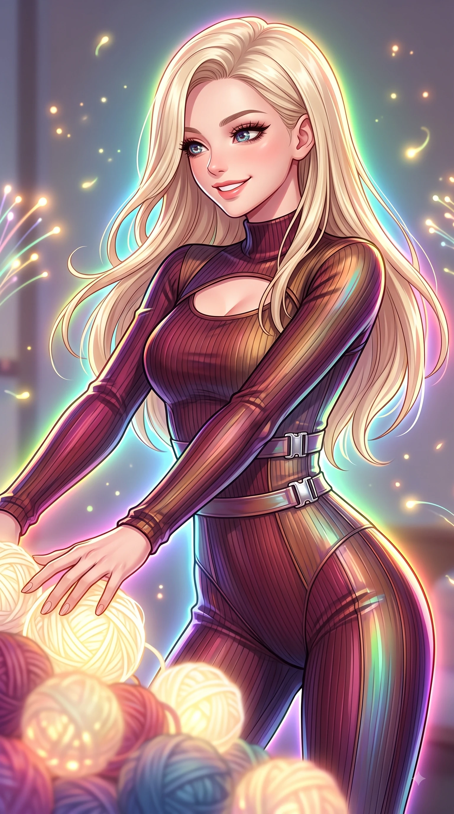 score_9, masterpiece, best quality, ultra-detailed, high-budget anime keyframe, editorial fashion photography, tasteful artistic composition, Caucasian woman. close-up cowboy shot from the waist and thighs up, the character dominates the composition, filling the frame with her large presence, background elements kept in soft focus. Warm delightful smile while casting a playful, joyful side-gaze with heavy lashes and a glowing expression while reaching forward with a cheerful arm stretch to touch a cluster of glowing yarn spheres, glowing fiber optic motes drifting like fireflies in the cheerful background. She has an exceptionally elegant, slender, and willowy female figure with an ultra-slim waist, a gracefully sculpted slender torso, and a refined silhouette. sharp v-shaped jawline, high-bridge nose, intricate jewel-like eyes with depth, thick eyelashes, glossy lips with a natural sheen, flawlessly proportioned anatomical accuracy, natural body alignment, perfectly sculpted elegant limbs, clean dynamic posture without body distortion. wearing a form-fitting ribbed activewear set with elegant collar cutouts in deep burgundy and bronze, crafted from iridescent chiffon that shifts colors in the light, detailed with polished silver buckles along the waistline, the form-contouring material highlighting her ultra-slim waist and long lines. surrounded by a vibrant fluorescent aura with bright specular rim lights. highly saturated vibrant anime colors, detailed shading with soft gradients, rich glossy textures, high-contrast stereoscopic depth, volumetric dynamic lighting, master piece, 9:16 ratio